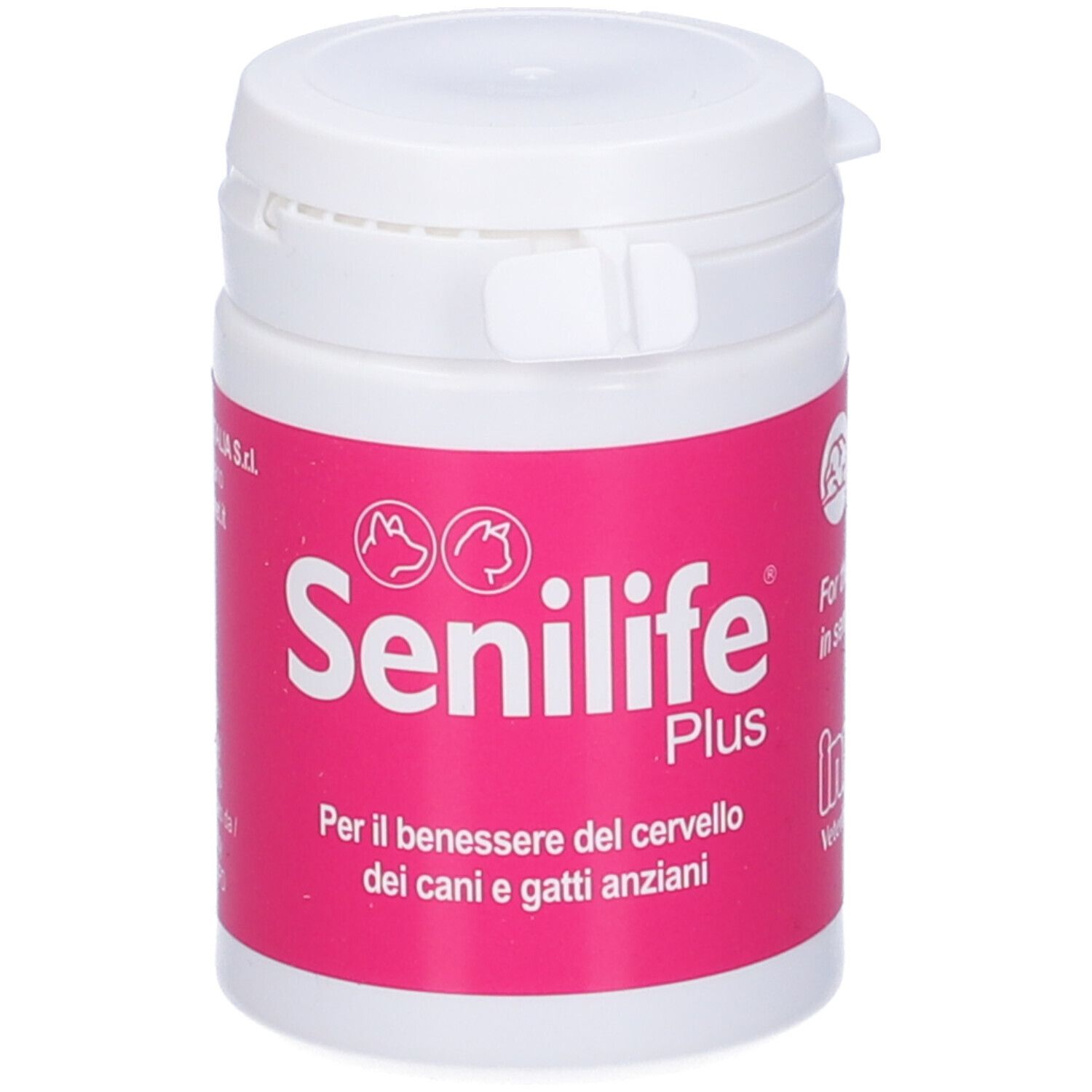 Flacone bianco con etichetta rosa. Scritta: Senilife Plus. Coperchio con chiusura a scatto.