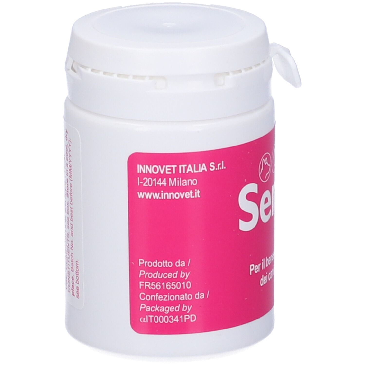 Flacone bianco con etichetta rosa. Scritta: Senilife Plus. Informazioni produttore sull'etichetta.