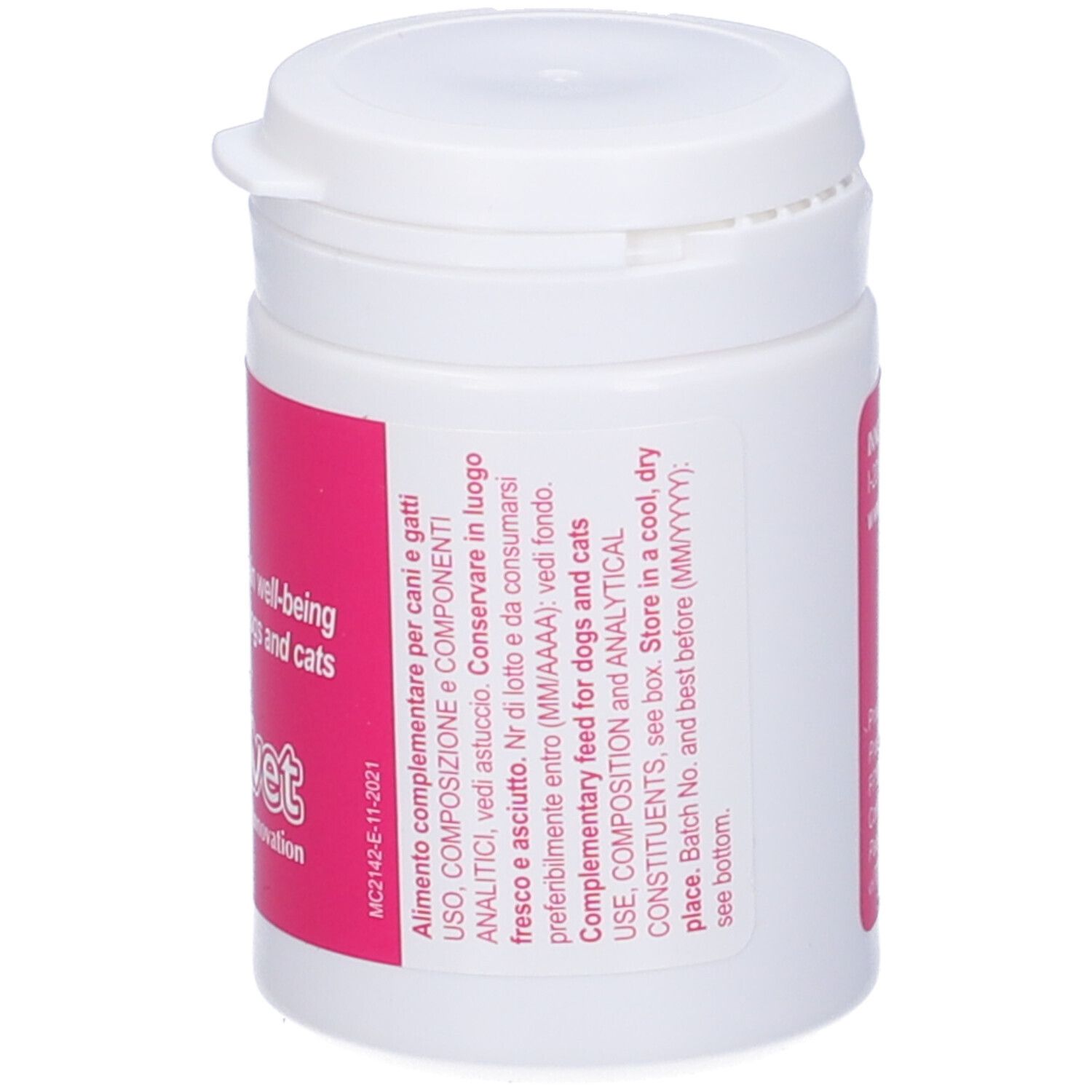 Flacone bianco con etichetta rosa. Scritta: Senilife Plus. Composizione e istruzioni per l'uso.