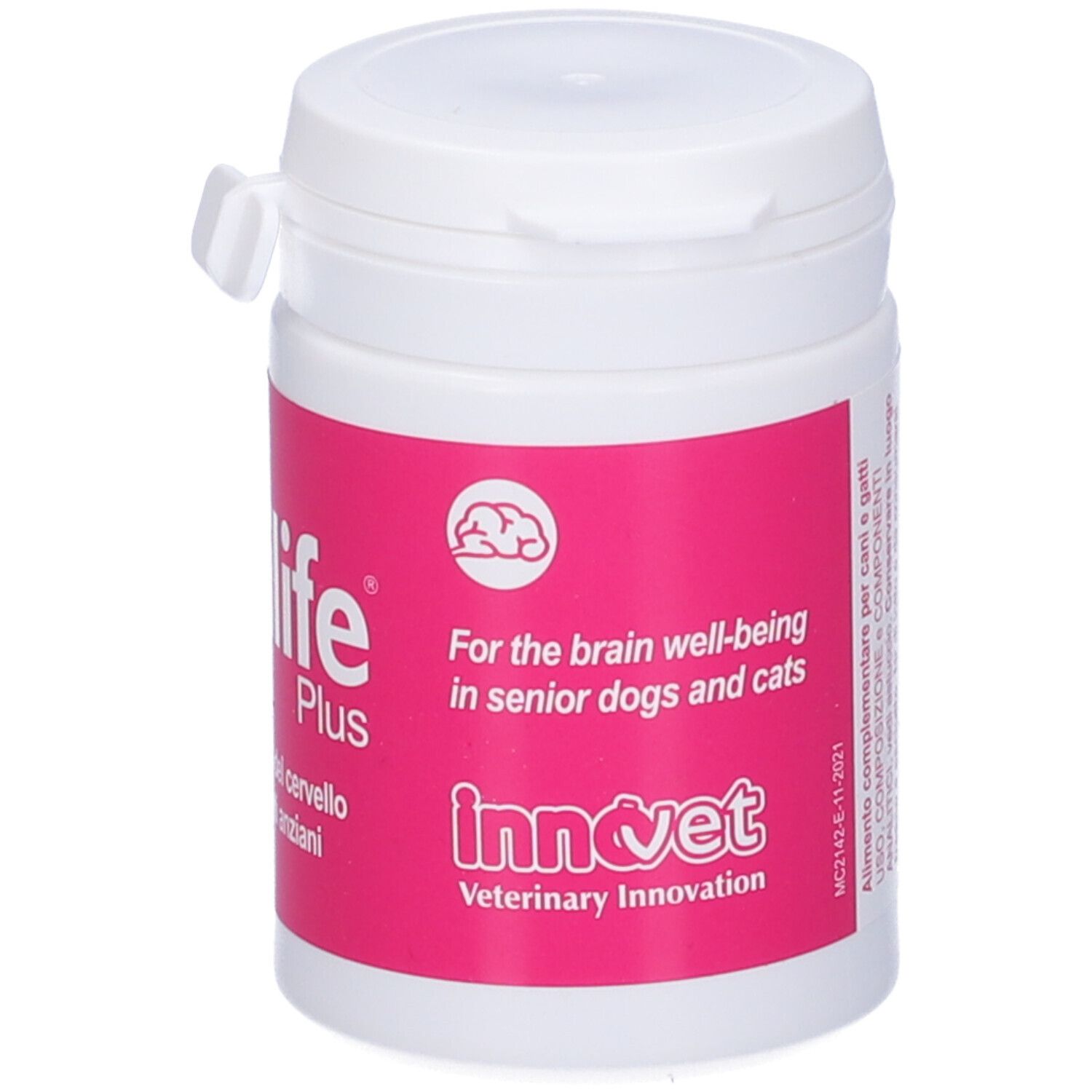Flacone bianco con etichetta rosa. Scritta: Senilife Plus. Testo per il benessere del cervello.