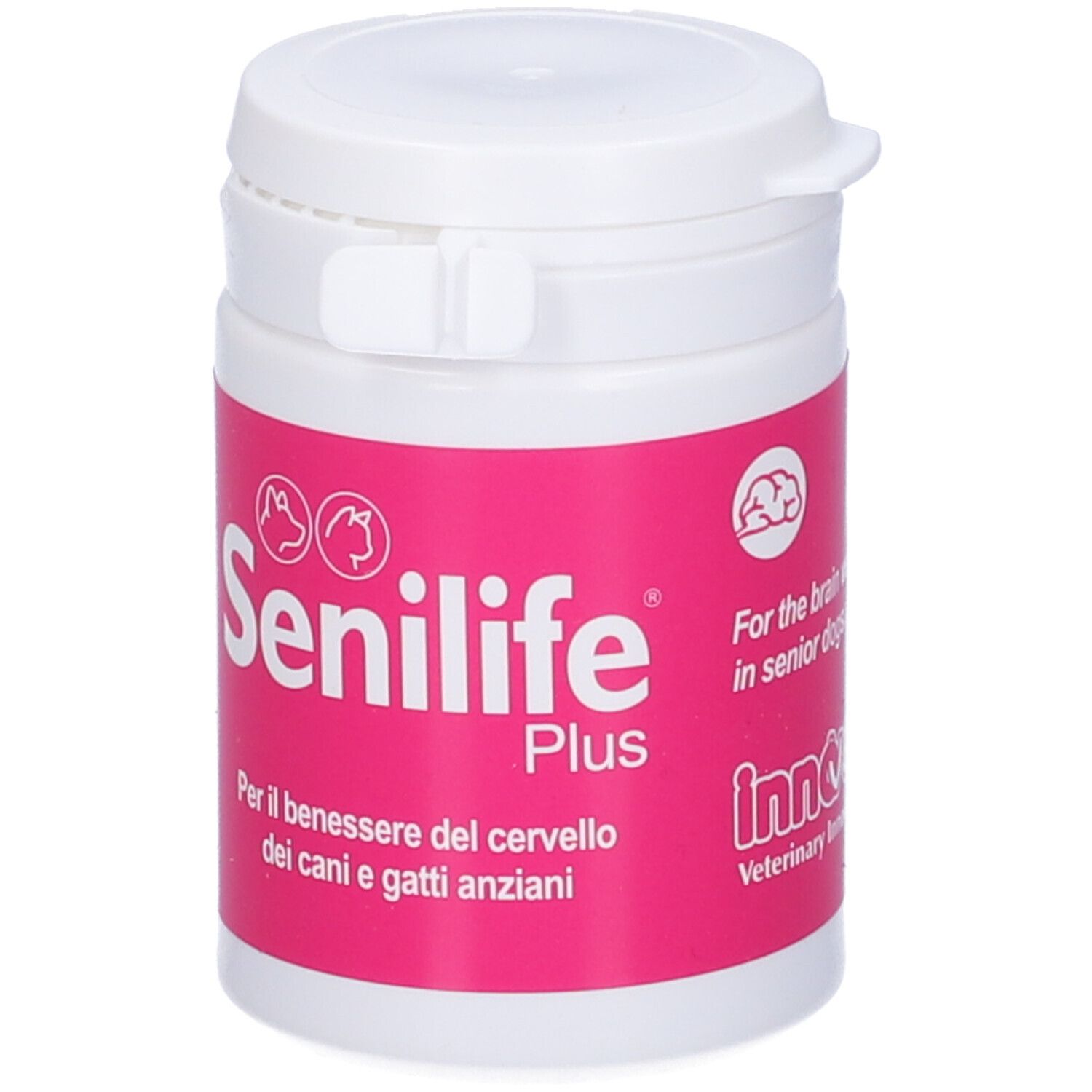 Flacone bianco con etichetta rosa. Scritta: Senilife Plus. Logo con cane e gatto.
