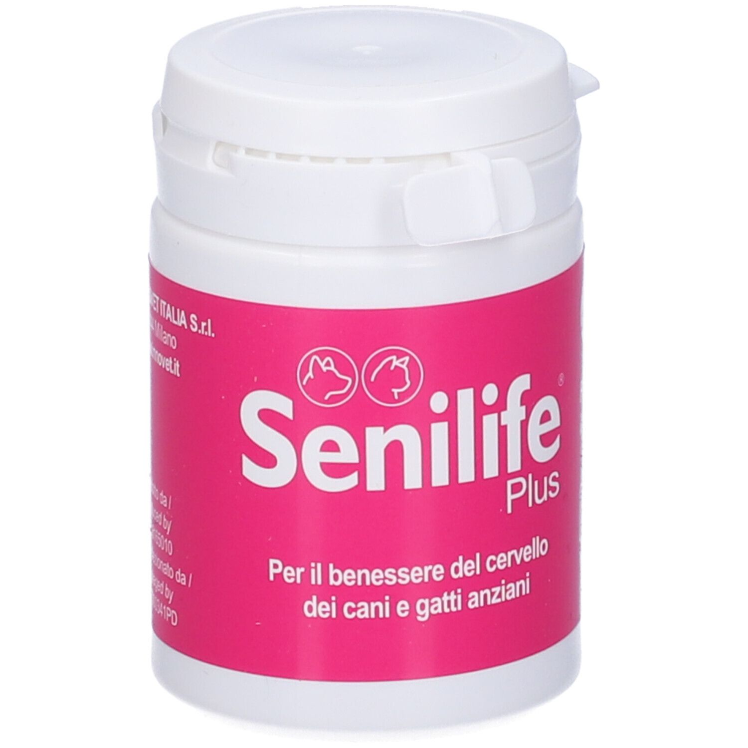 Flacone bianco con etichetta rosa. Scritta: Senilife Plus. Testo per il benessere del cervello.