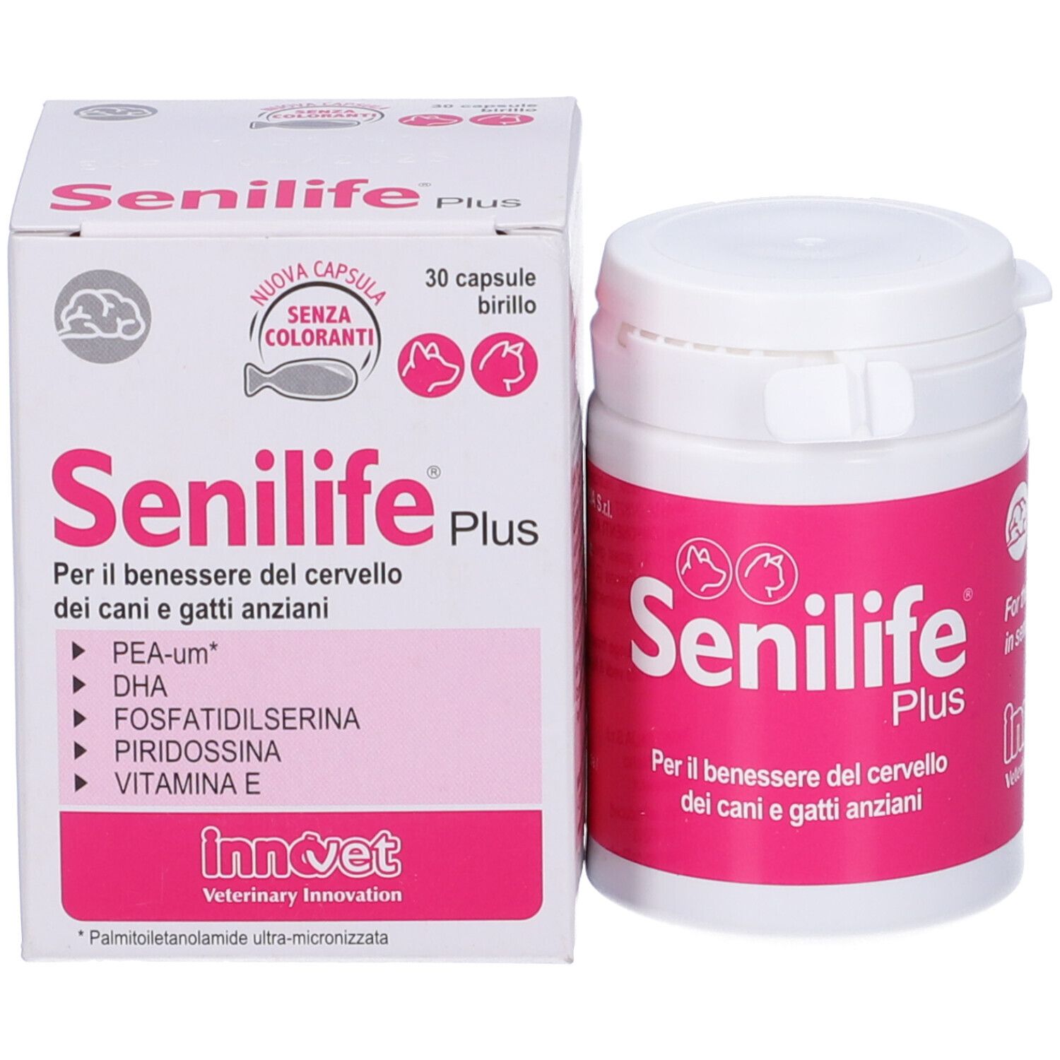 Flacone bianco e scatola con etichetta rosa. Scritta: Senilife Plus. 30 capsule.