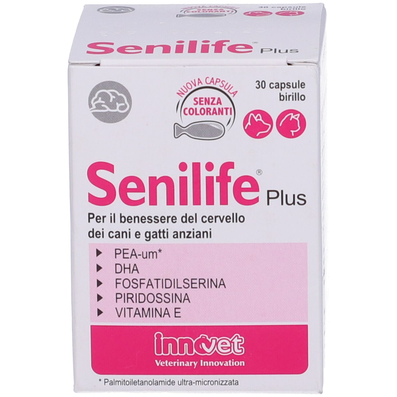 Scatola bianca con etichetta rosa. Scritta: Senilife Plus. 30 capsule. Ingredienti e logo.