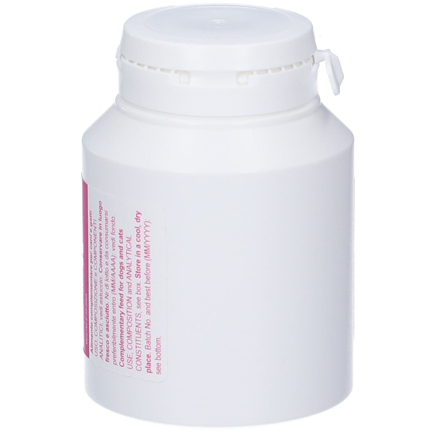 Weiße Kunststoffflasche mit weißem Schraubverschluss und Etikett mit Produktinformationen.