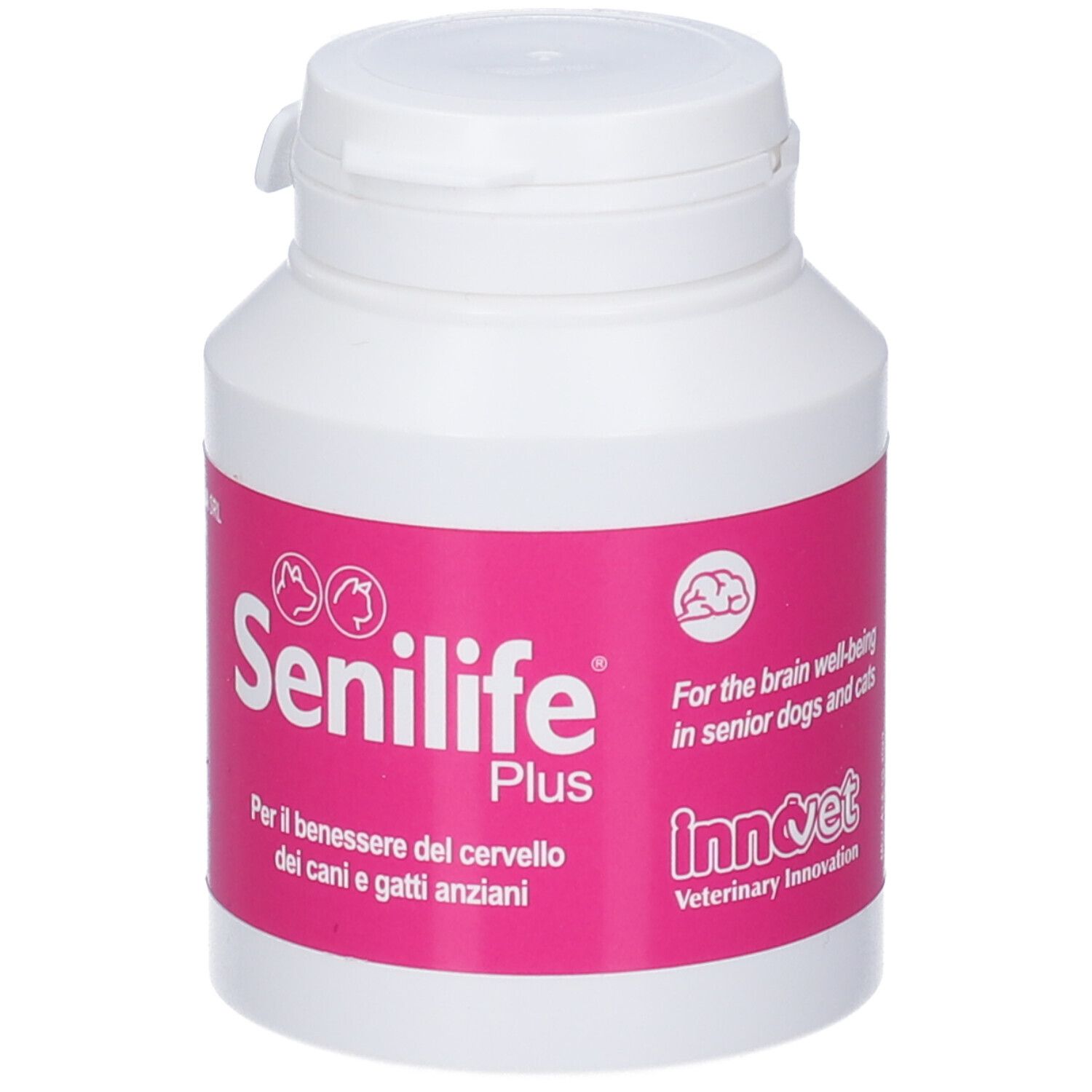 Weiße Dose mit rosa Etikett, Senilife Plus für das Gehirn älterer Hunde und Katzen.
