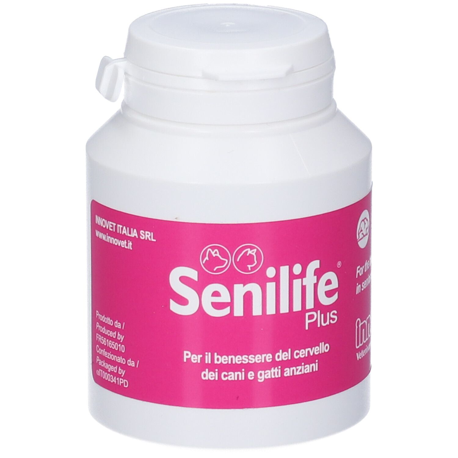 Weiße Kunststoffflasche mit pinkem Etikett, darauf "Senilife Plus" und Tierköpfe.