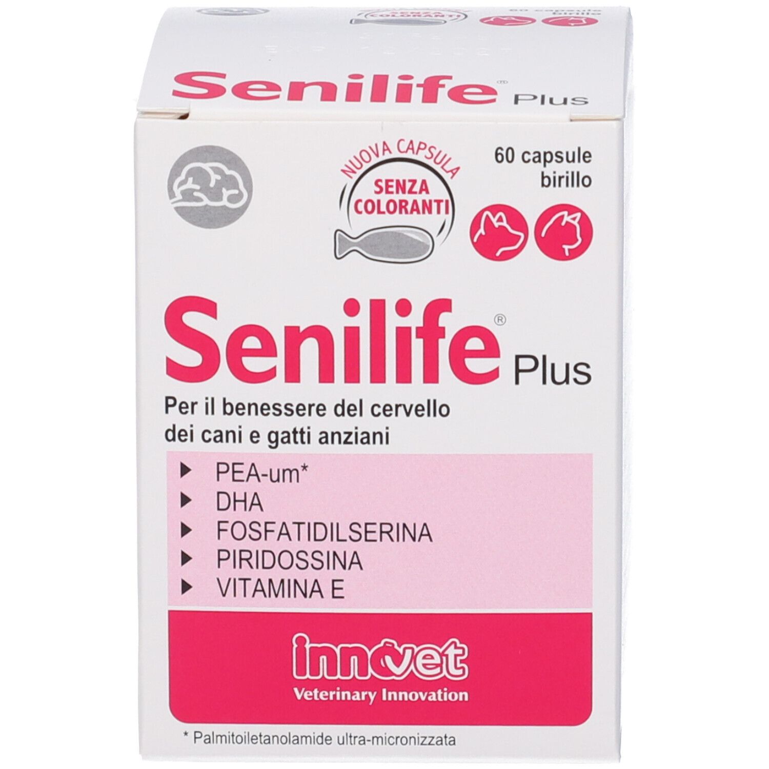 Senilife Plus Packung mit 60 Kapseln, ohne Farbstoffe, für Hunde und Katzen.