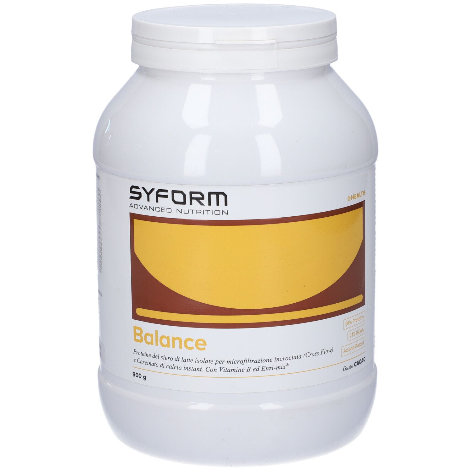 Contenitore bianco con coperchio. Scritta: Balance, Syform Advanced Nutrition. Area marrone e gialla. 900 g.