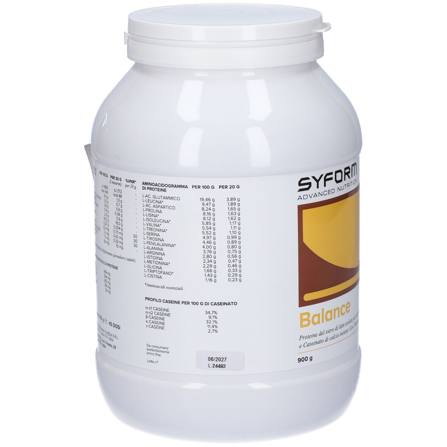 Contenitore bianco con coperchio. Scritta: Balance, Syform Advanced Nutrition. Informazioni nutrizionali. 900 g. Scadenza 06/2027.