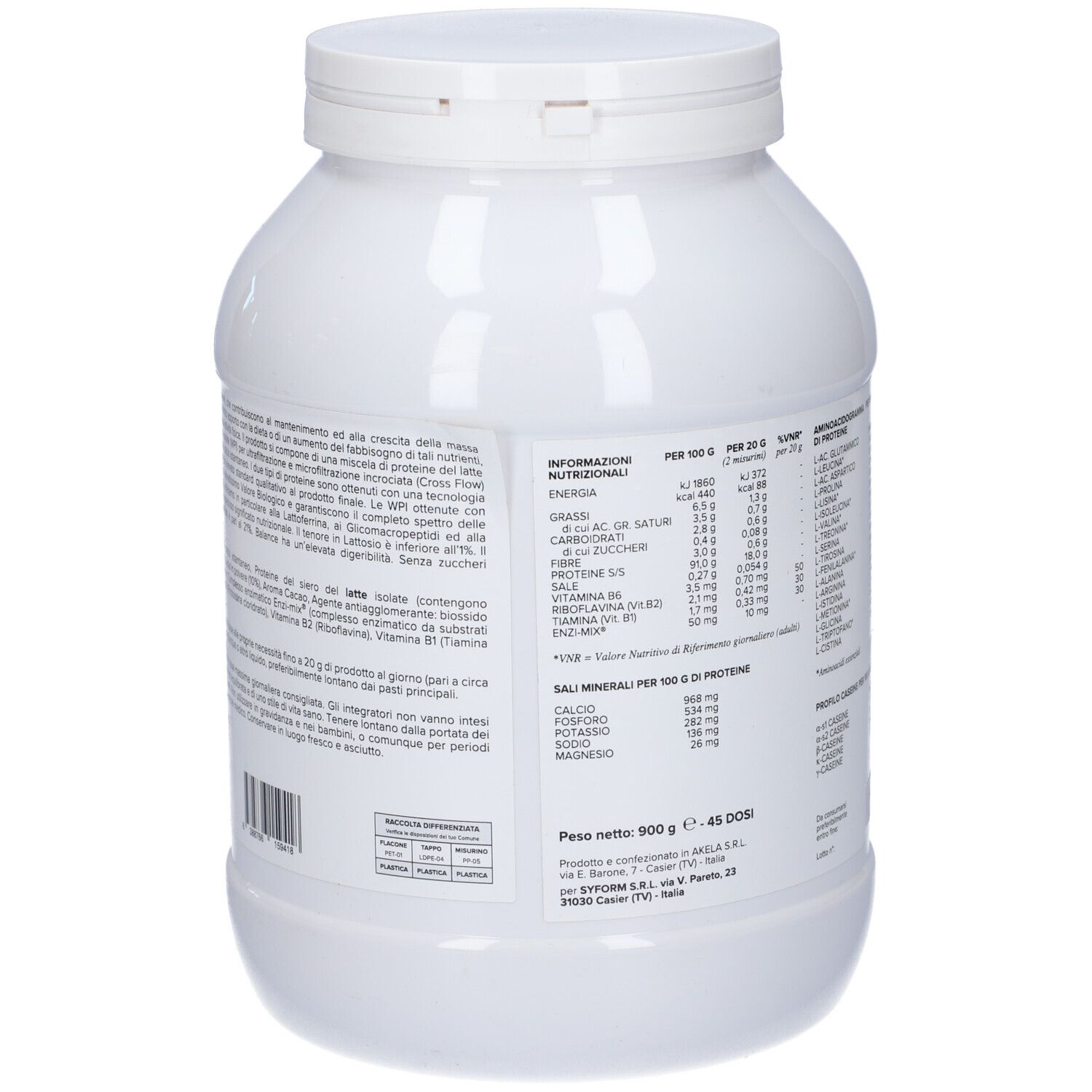 Contenitore bianco con coperchio. Retro con informazioni nutrizionali. 900 g - 45 porzioni. Informazioni produttore.