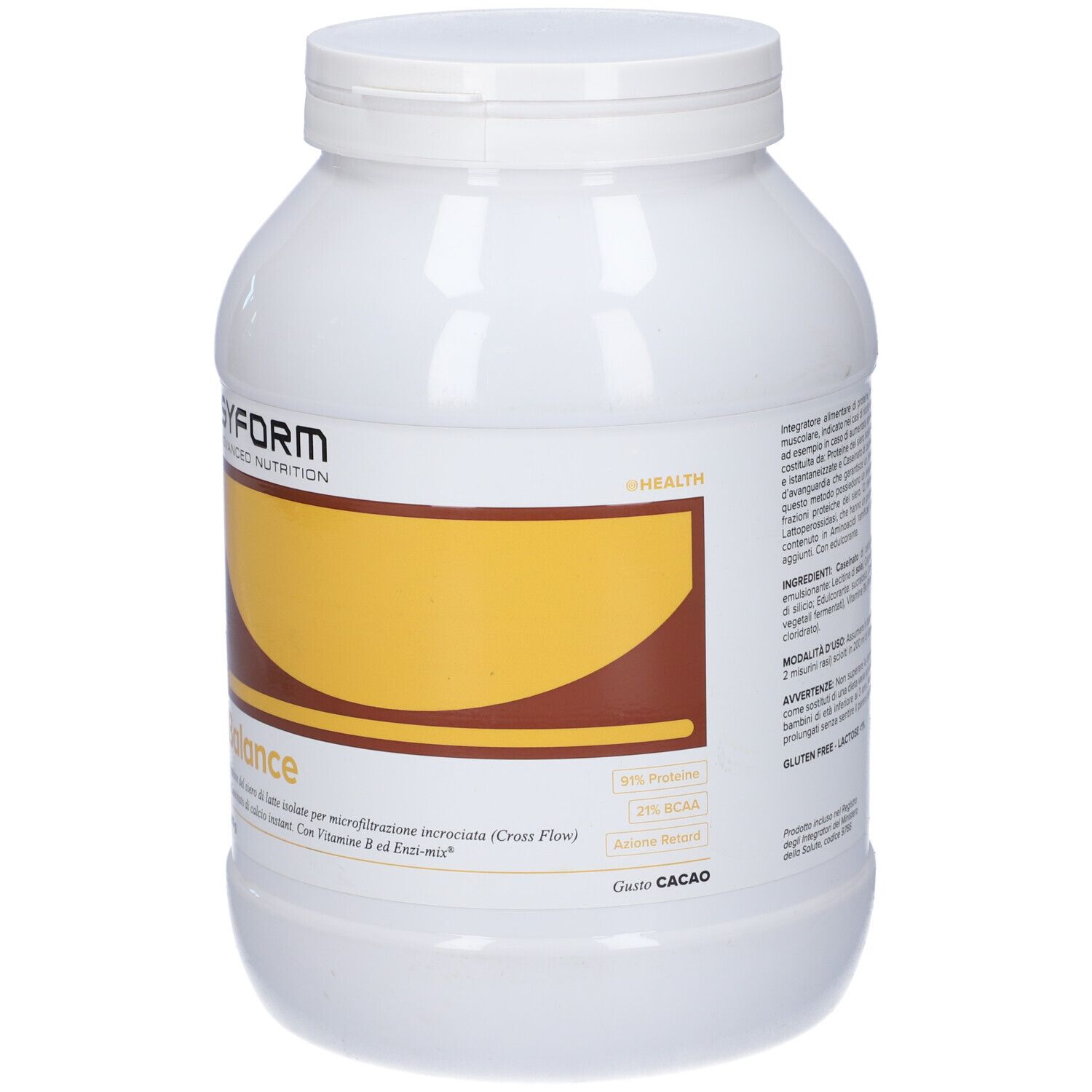 Contenitore bianco con coperchio. Scritta: Balance, Syform Advanced Nutrition. Area marrone e gialla. Gusto Cacao.