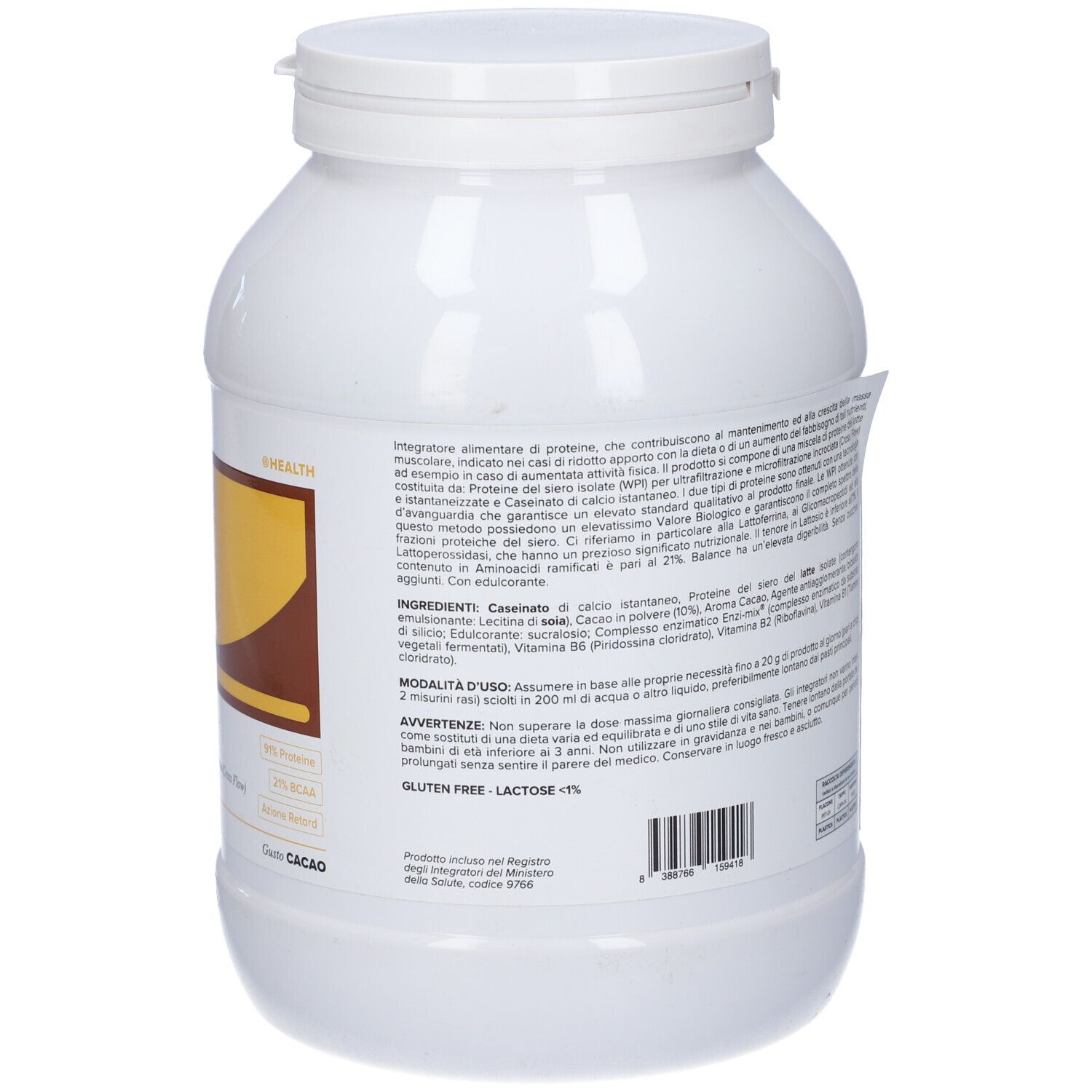 Contenitore bianco con coperchio. Retro con ingredienti e istruzioni per l'uso. Senza glutine, lattosio <1%.