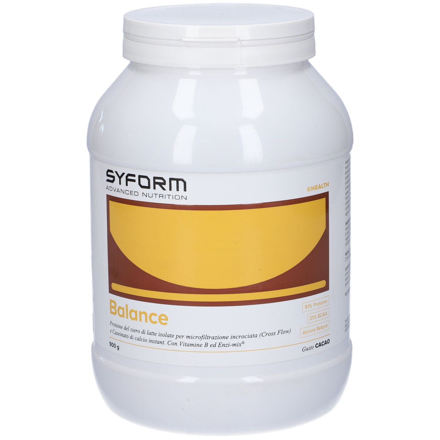 Contenitore bianco con coperchio. Scritta: Balance, Syform Advanced Nutrition. Area marrone e gialla. Gusto Cacao.