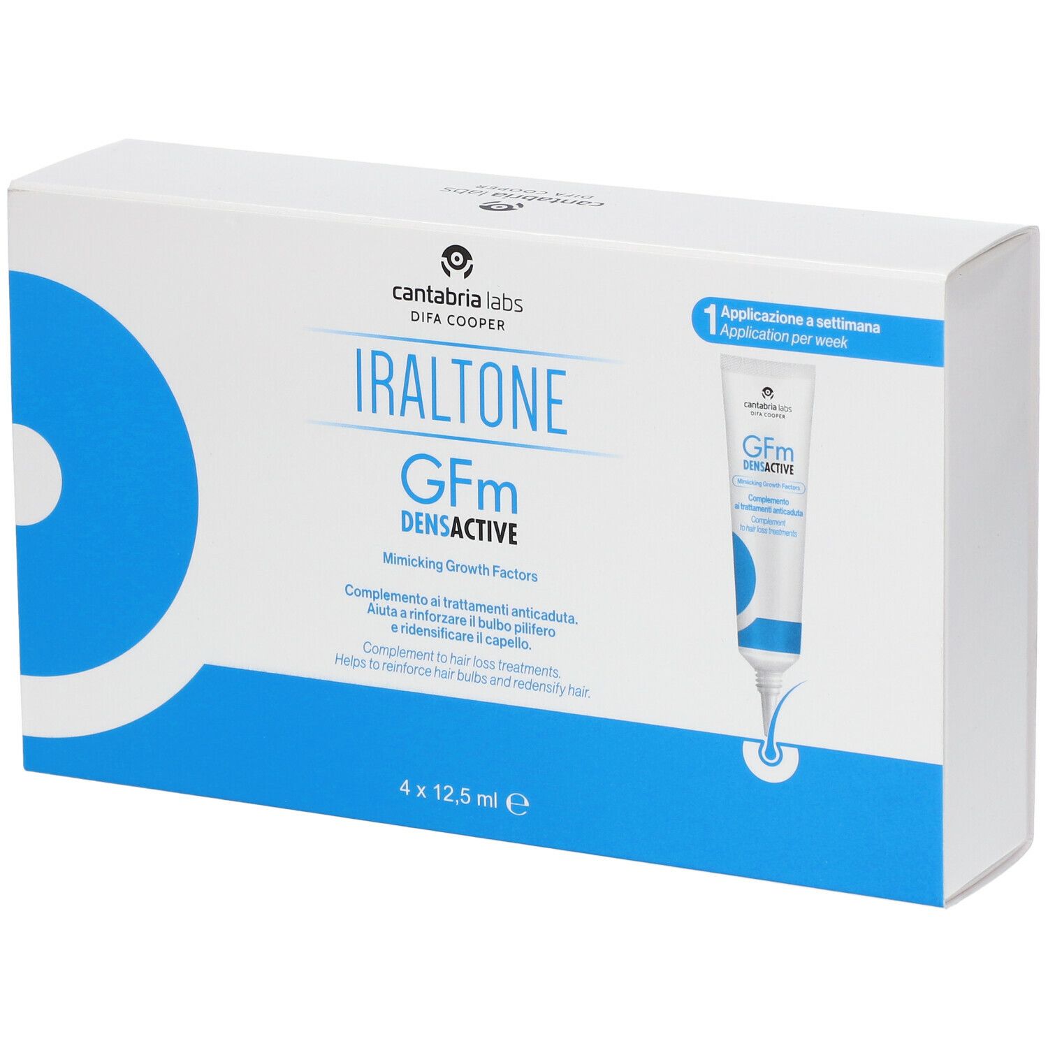 Weiße Schachtel mit Produktnamen IRALTONE GFm DENSACITVE. Enthält 4 Tuben. Eine Tube ist abgebildet.