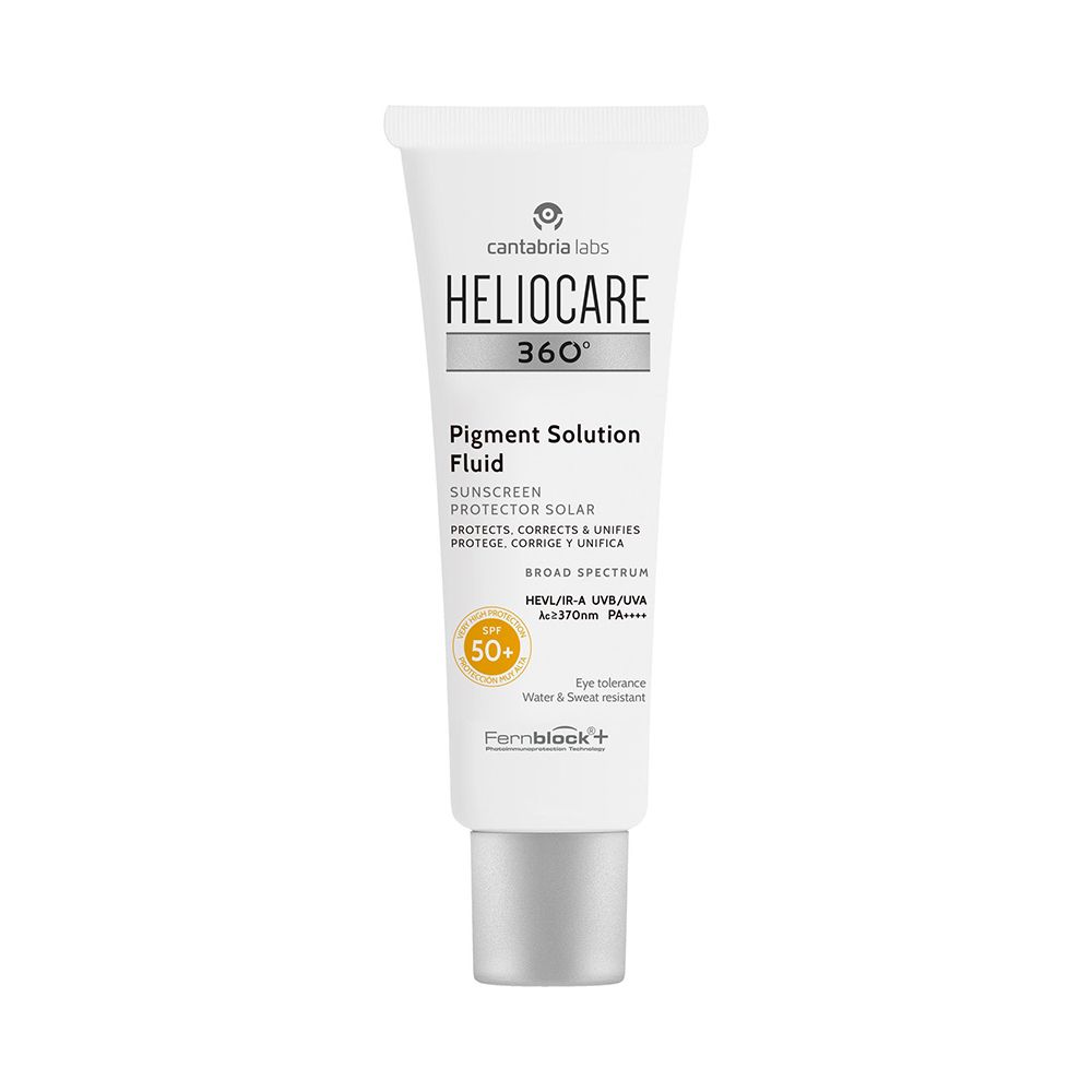 Tubo bianco con tappo argentato. Scritta: Heliocare 360° Pigment Solution Fluid SPF 50+.