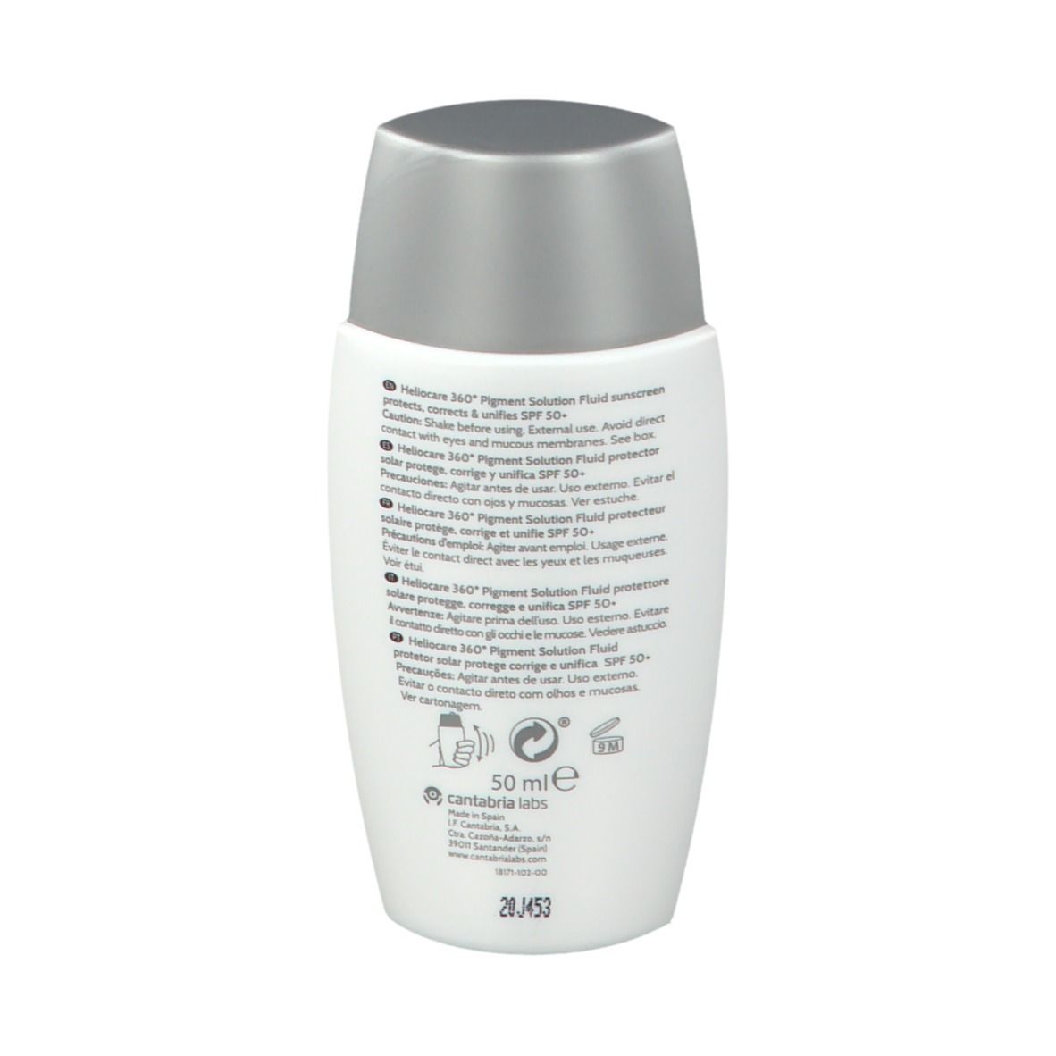 Retro di un flacone bianco con tappo argentato. Testo: Heliocare 360° Pigment Solution Fluid SPF 50+.