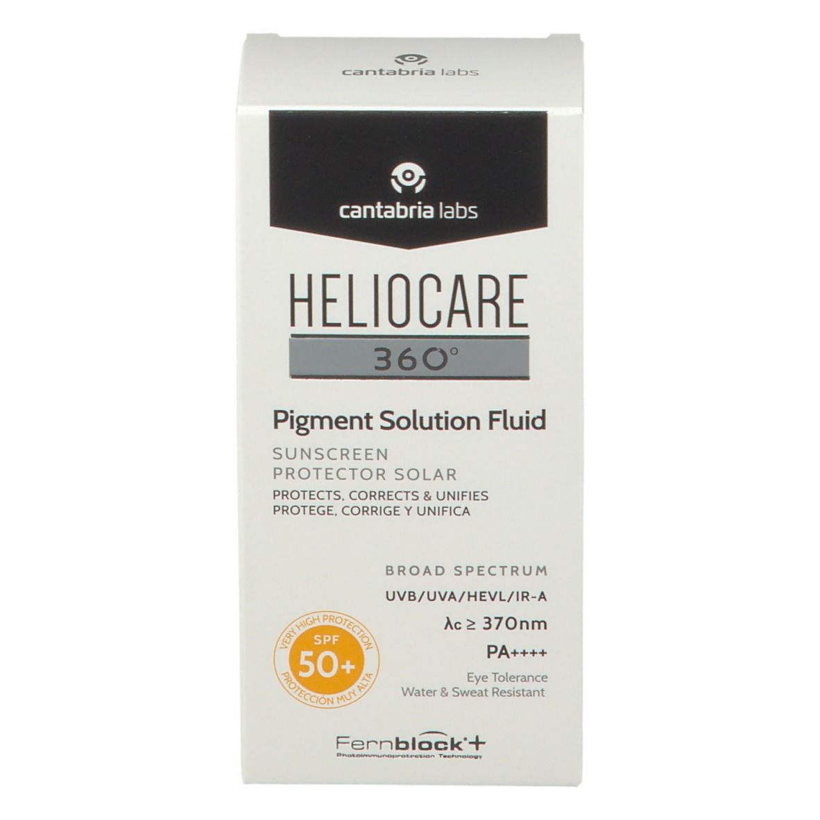 Scatola bianca. Scritta: Heliocare 360° Pigment Solution Fluid SPF 50+. Logo e informazioni.