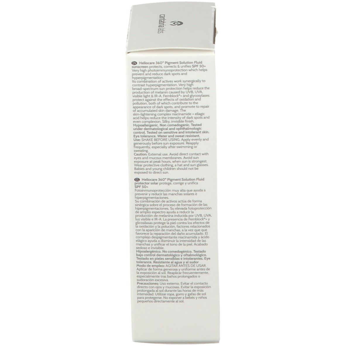 Scatola bianca. Testo: Heliocare 360° Pigment Solution Fluid SPF 50+. Informazioni e ingredienti.