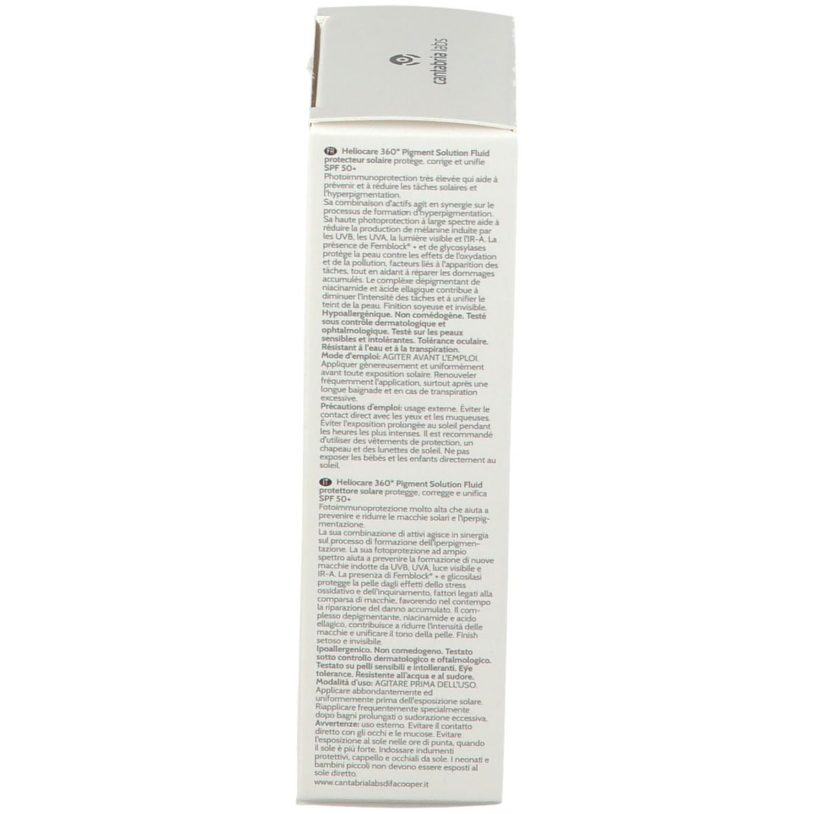 Lato della scatola bianca. Testo: Heliocare 360° Pigment Solution Fluid SPF 50+. Informazioni.