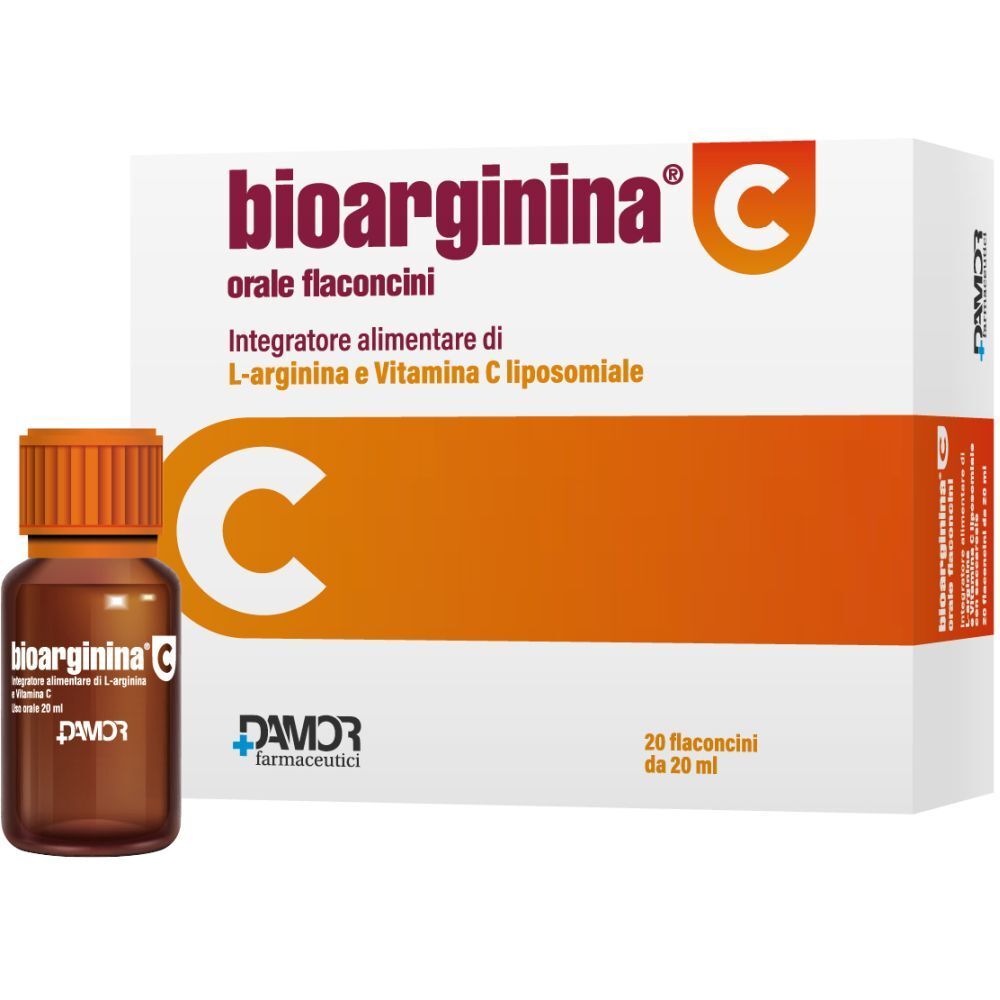 Confezione e flaconcino bioarginina C. Flaconcino in vetro marrone, tappo arancione. Marchio DAMOR Farmaceutici. Contiene 20 flaconcini da 20 ml.