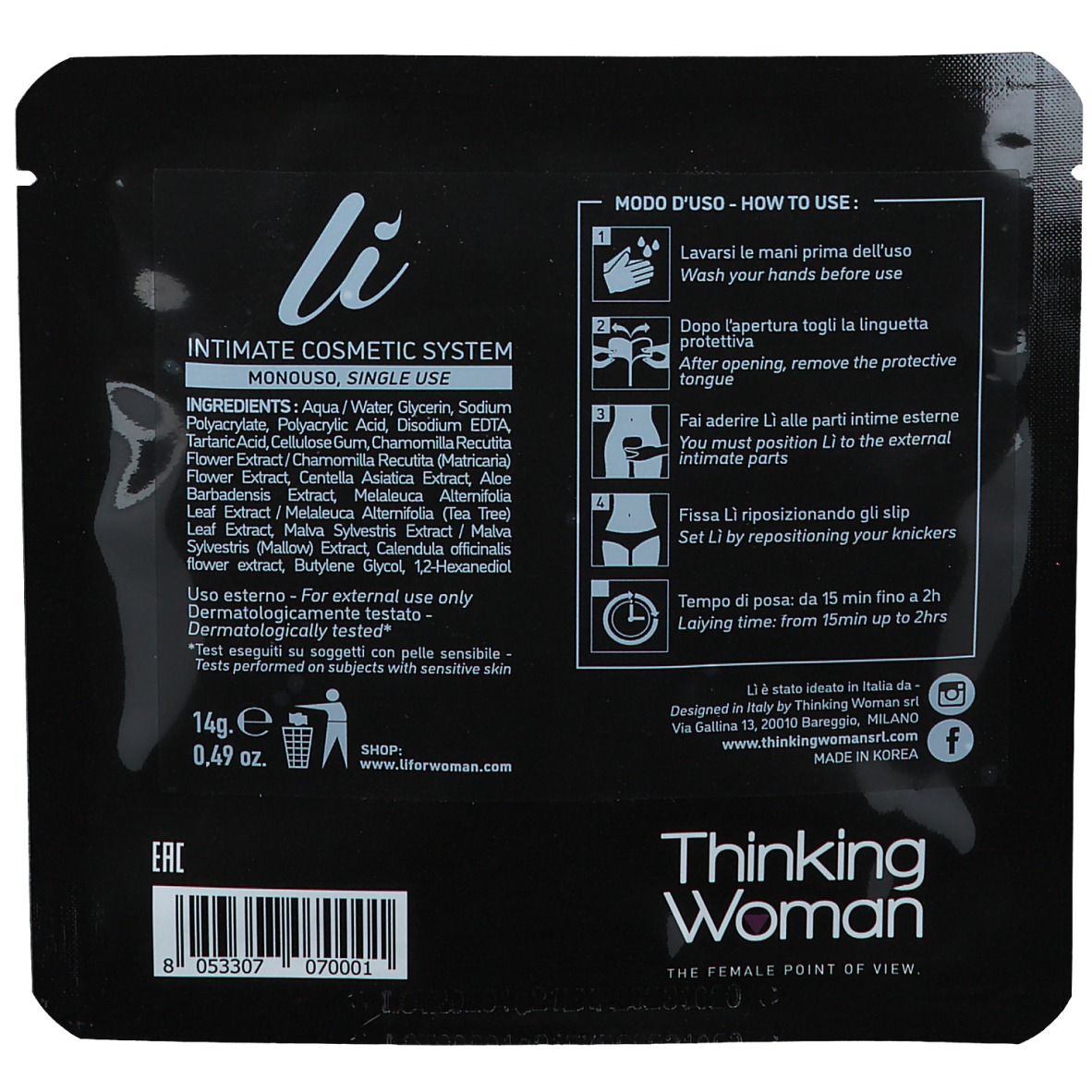 Retro della confezione nera. Testo: "li", "INTIMATE COSMETIC SYSTEM", ingredienti, istruzioni per l'uso, logo "Thinking Woman".