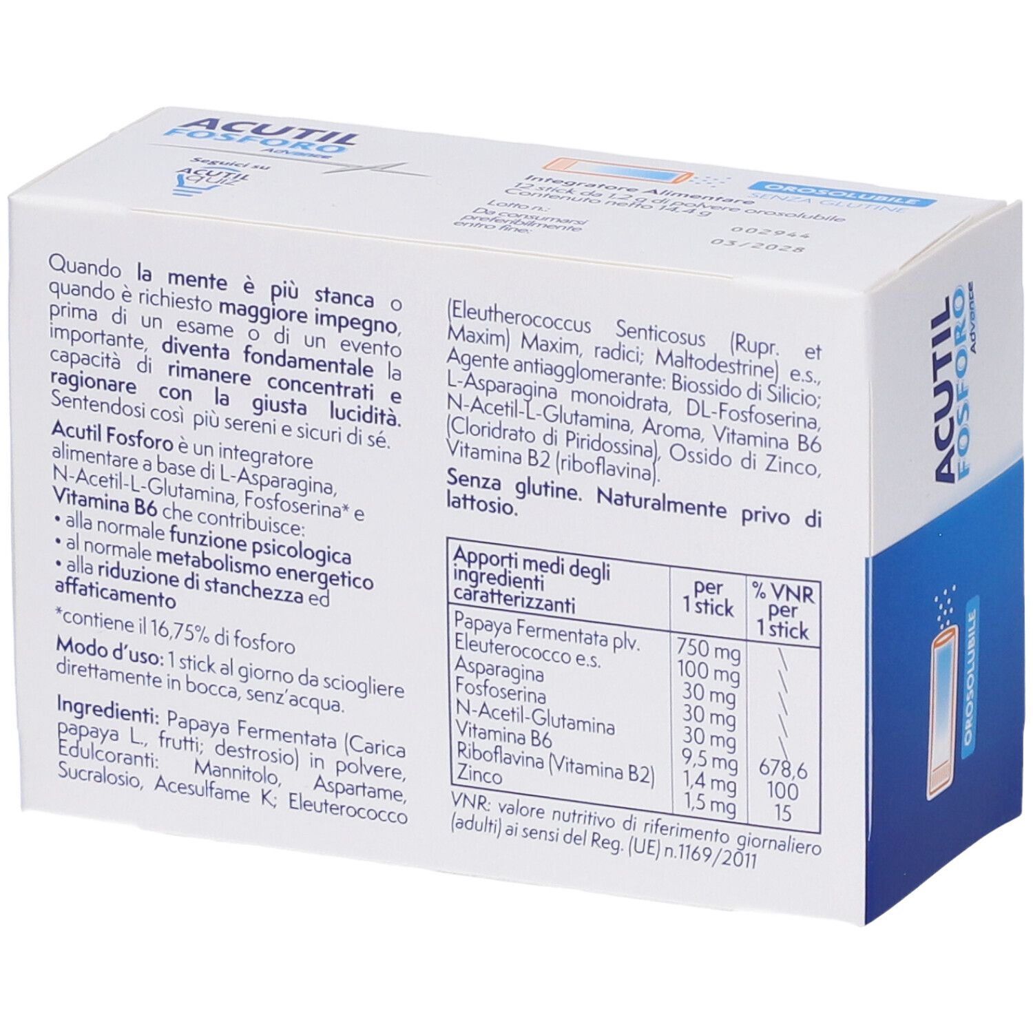 Rückseite der Schachtel 'Acutil Fosforo Advance Orosolubile'. Text mit Inhaltsstoffen und Nährwertangaben. Enthält 12 Sticks.