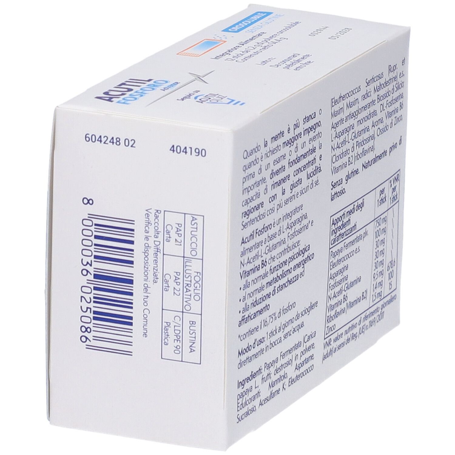 Rückseite der Schachtel 'Acutil Fosforo Advance Orosolubile'. Text mit Inhaltsstoffen und Nährwertangaben. Enthält 12 Sticks.