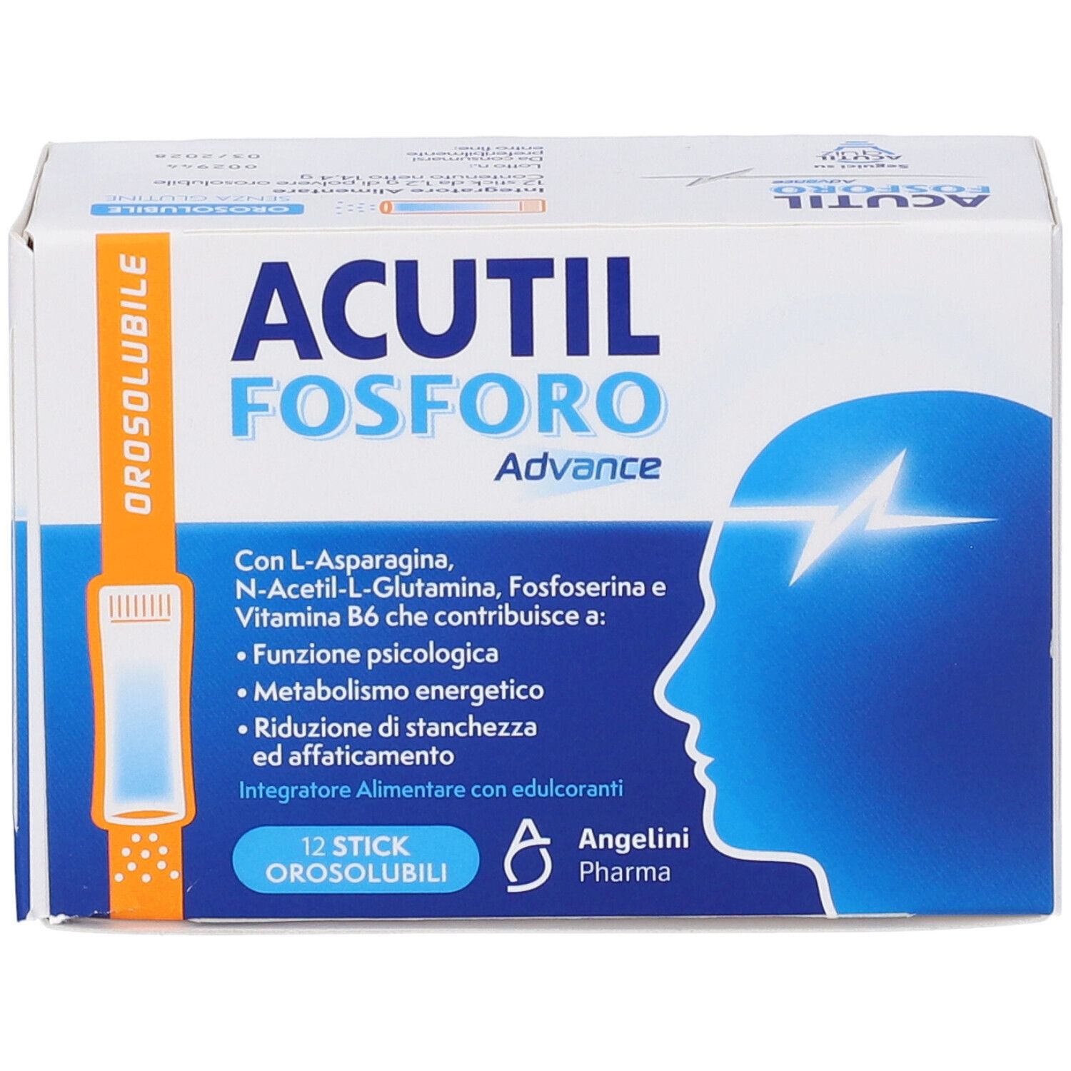 Schachtel 'Acutil Fosforo Advance Orosolubile'. Blaue und weiße Verpackung mit Produktnamen und Inhaltsstoffen. 12 Sticks.