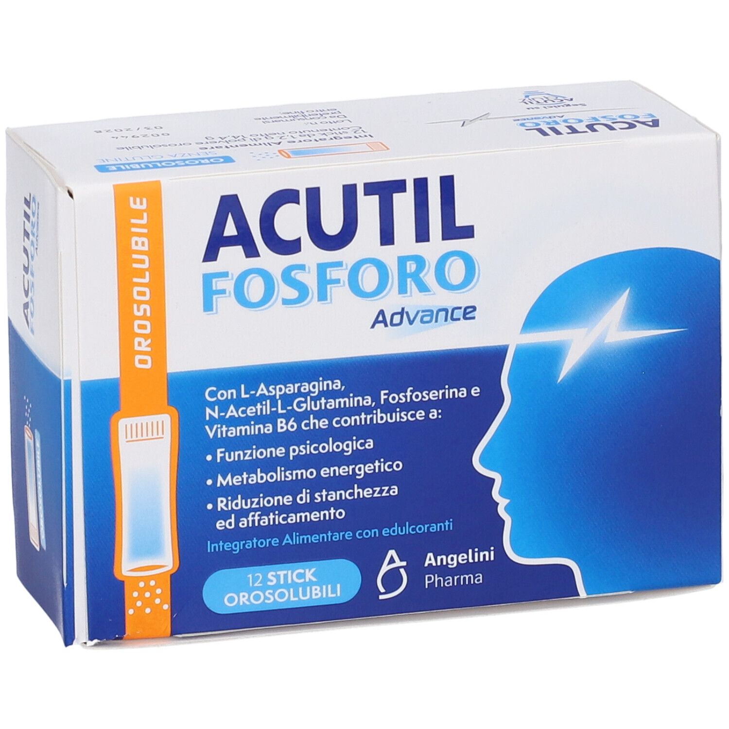 Schachtel 'Acutil Fosforo Advance Orosolubile'. Blaue und weiße Verpackung mit Produktnamen und Inhaltsstoffen. 12 Sticks.