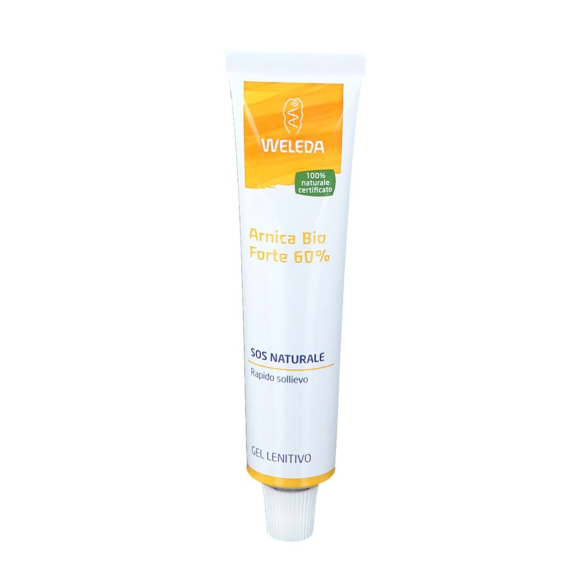 Tubo di gel Arnica Bio Forte 60% Weleda. Scritta SOS NATURALE. Certificato naturale. Sfondo bianco.