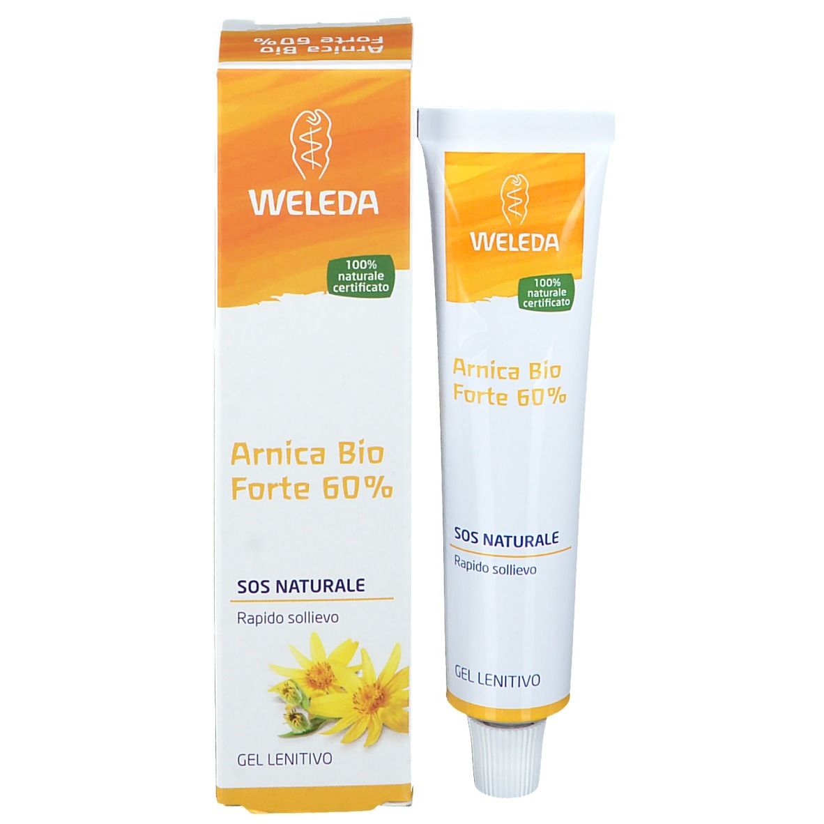 Confezione del prodotto: tubo e scatola. Scritta: Arnica Bio Forte 60%. Marca: Weleda. Gel per la pelle.