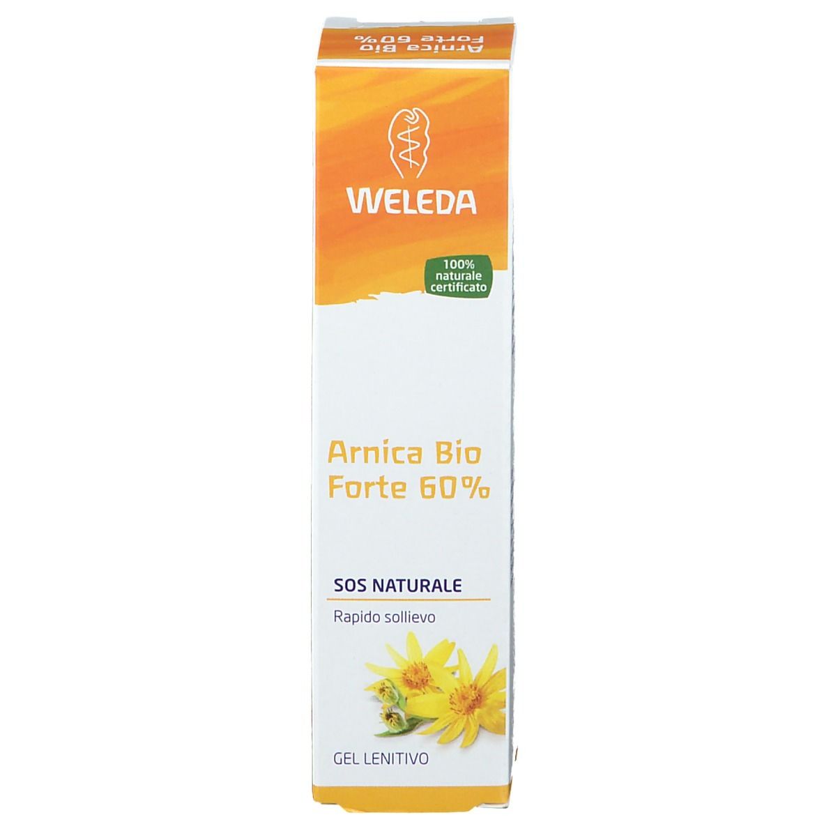 Scatola con scritta: Arnica Bio Forte 60%. Marca: Weleda. Gel per la pelle. Certificato naturale.