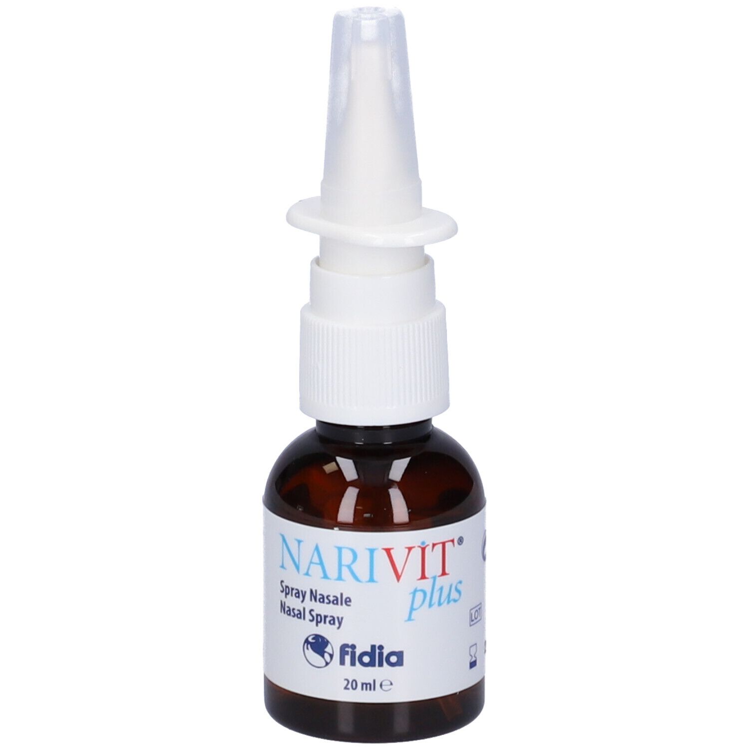 Flacone di vetro marrone con nebulizzatore bianco. Scritta: NARIVIT plus, spray nasale, 20 ml. Marchio: fidia.
