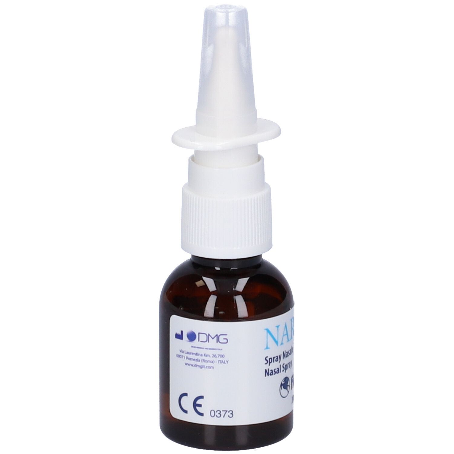 Flacone di vetro marrone con nebulizzatore bianco. Scritta: NARIVIT plus, spray nasale. Adesivo con marchio CE.