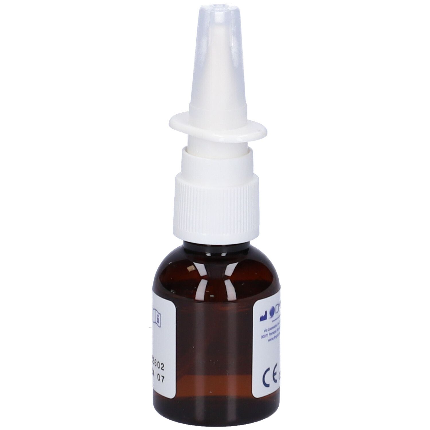 Flacone di vetro marrone con nebulizzatore bianco. Scritta: NARIVIT plus, spray nasale. Adesivo con numero di lotto.