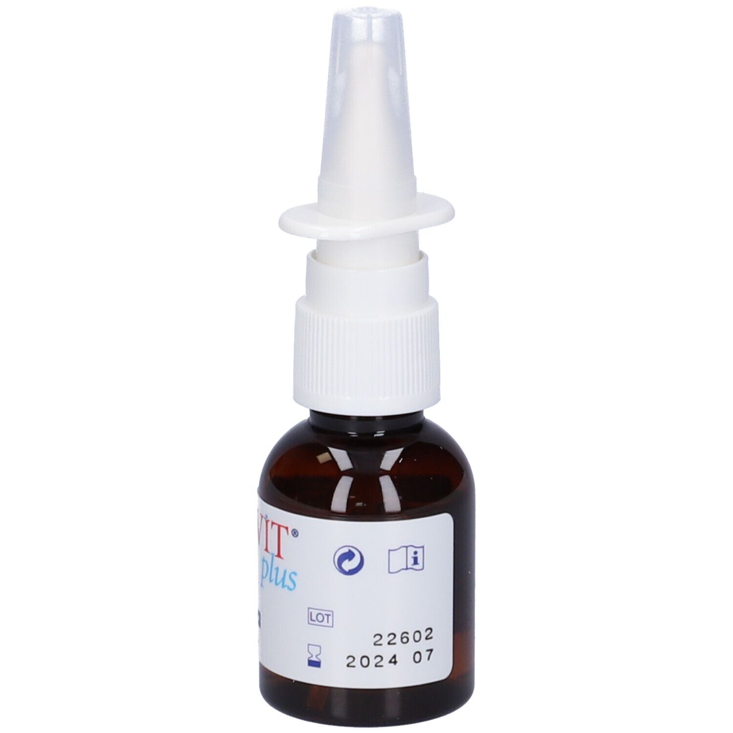 Flacone di vetro marrone con nebulizzatore bianco. Scritta: NARIVIT plus, spray nasale. Adesivo con data di scadenza.