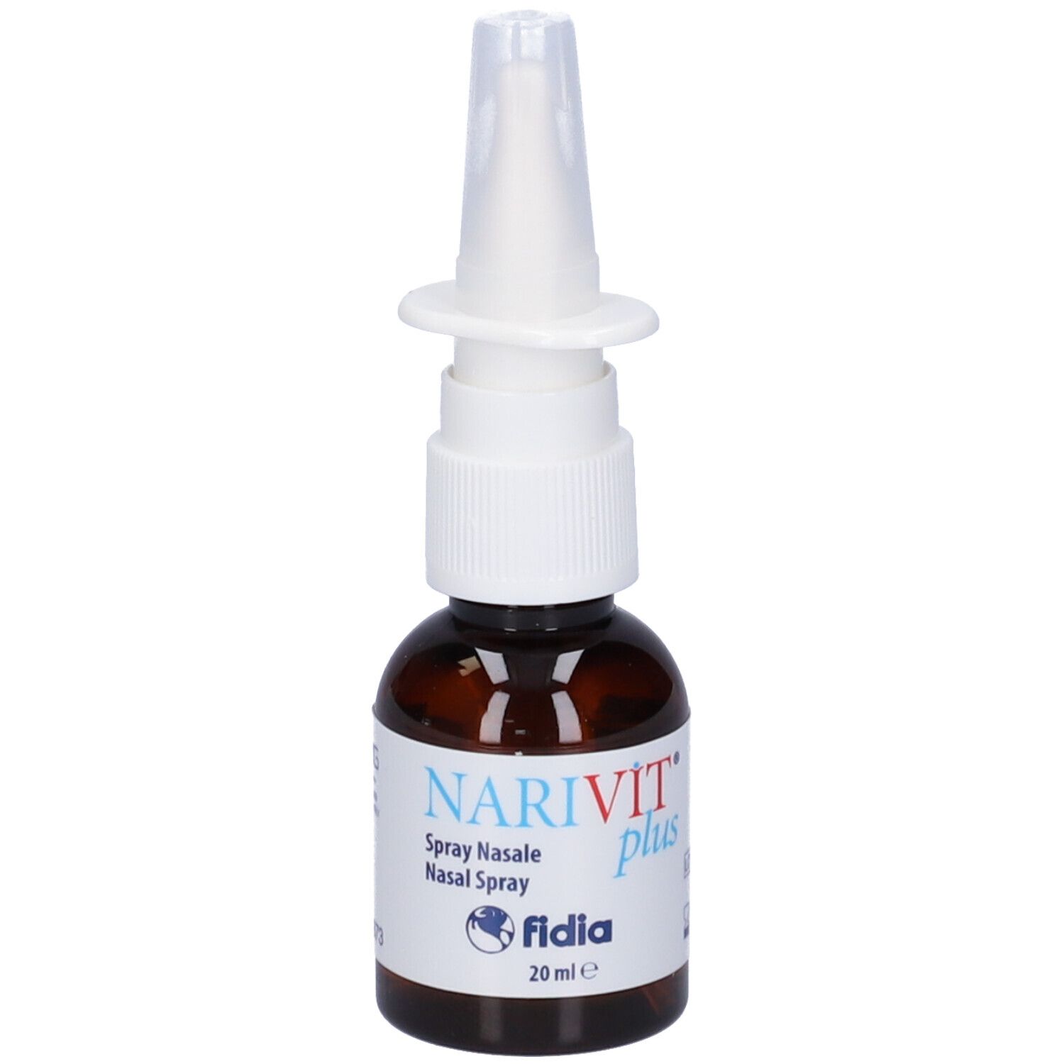 Flacone di vetro marrone con nebulizzatore bianco. Scritta: NARIVIT plus, spray nasale, 20 ml. Marchio: fidia.
