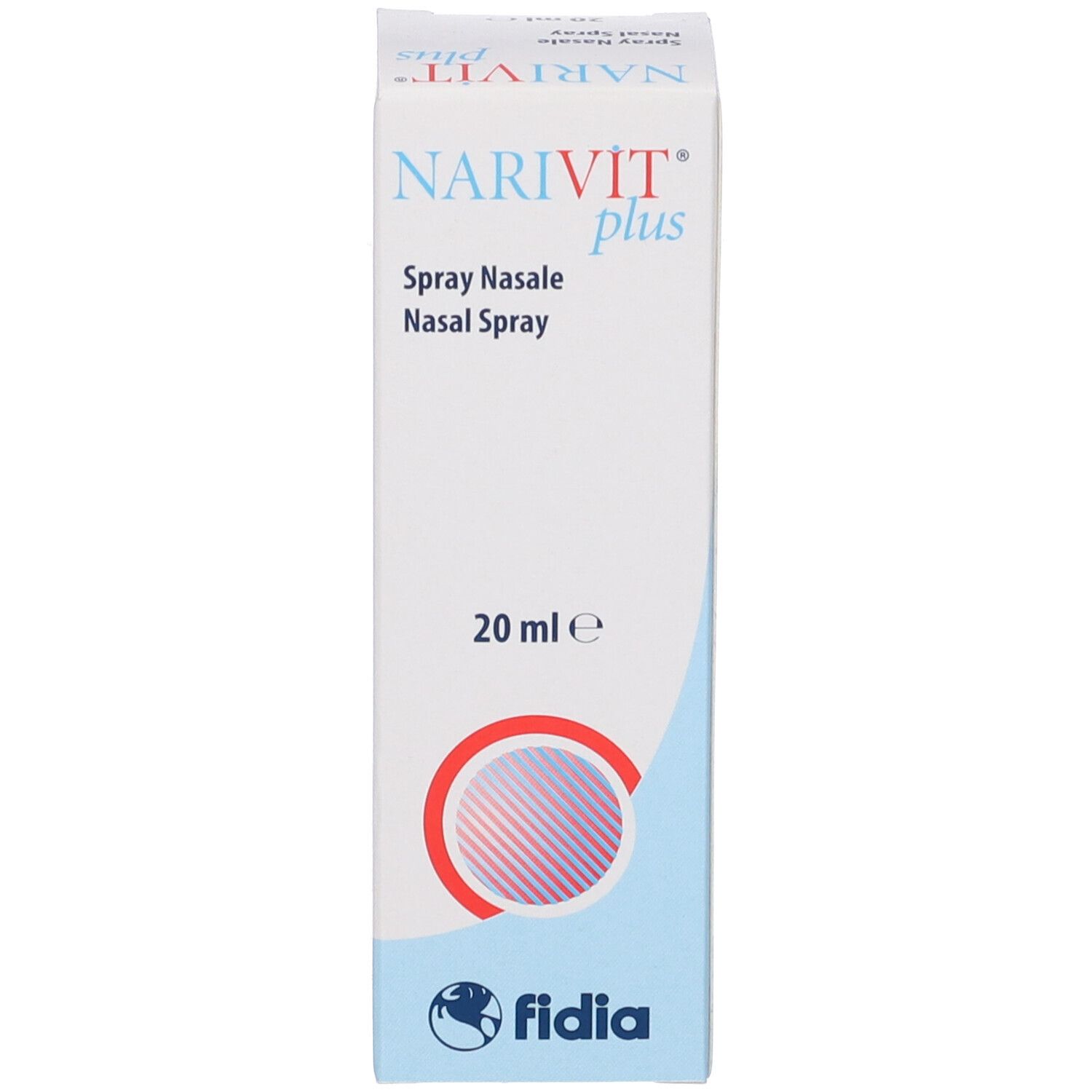 Confezione del prodotto. Bianca con testo blu e motivo a strisce rosse. Scritta: NARIVIT plus, spray nasale, 20 ml. Marchio: fidia.