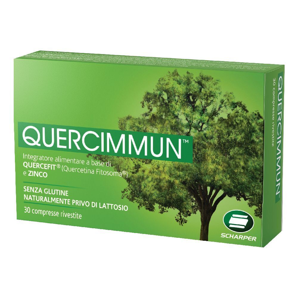Scatola verde con scritta "QUERCIMMUN". Contiene 30 compresse. Contiene quercetina e zinco. Senza glutine e lattosio. Marca: Scharper.