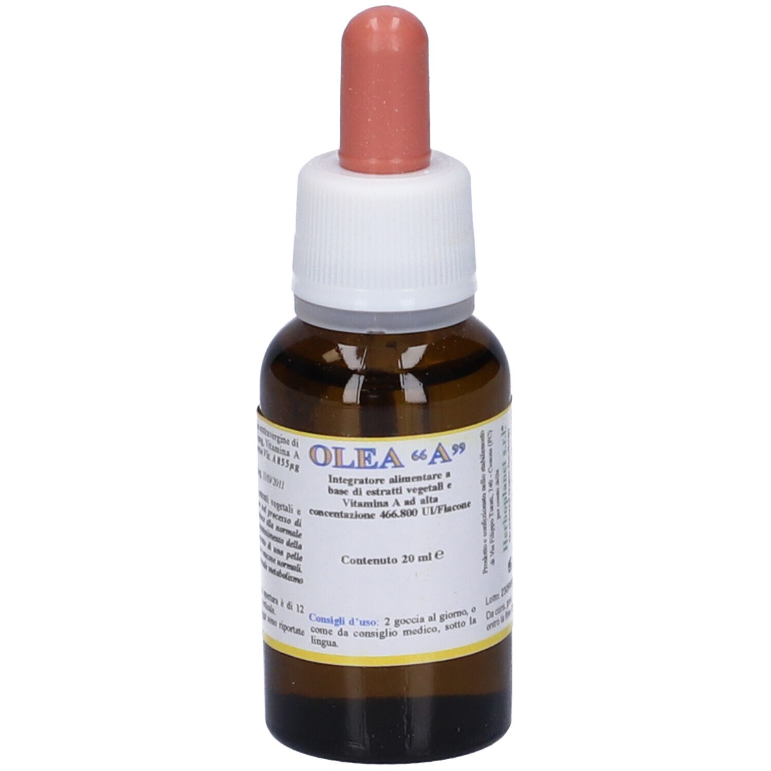 Flacone di vetro marrone con contagocce. Scritta OLEA "A". Contiene 20 ml.