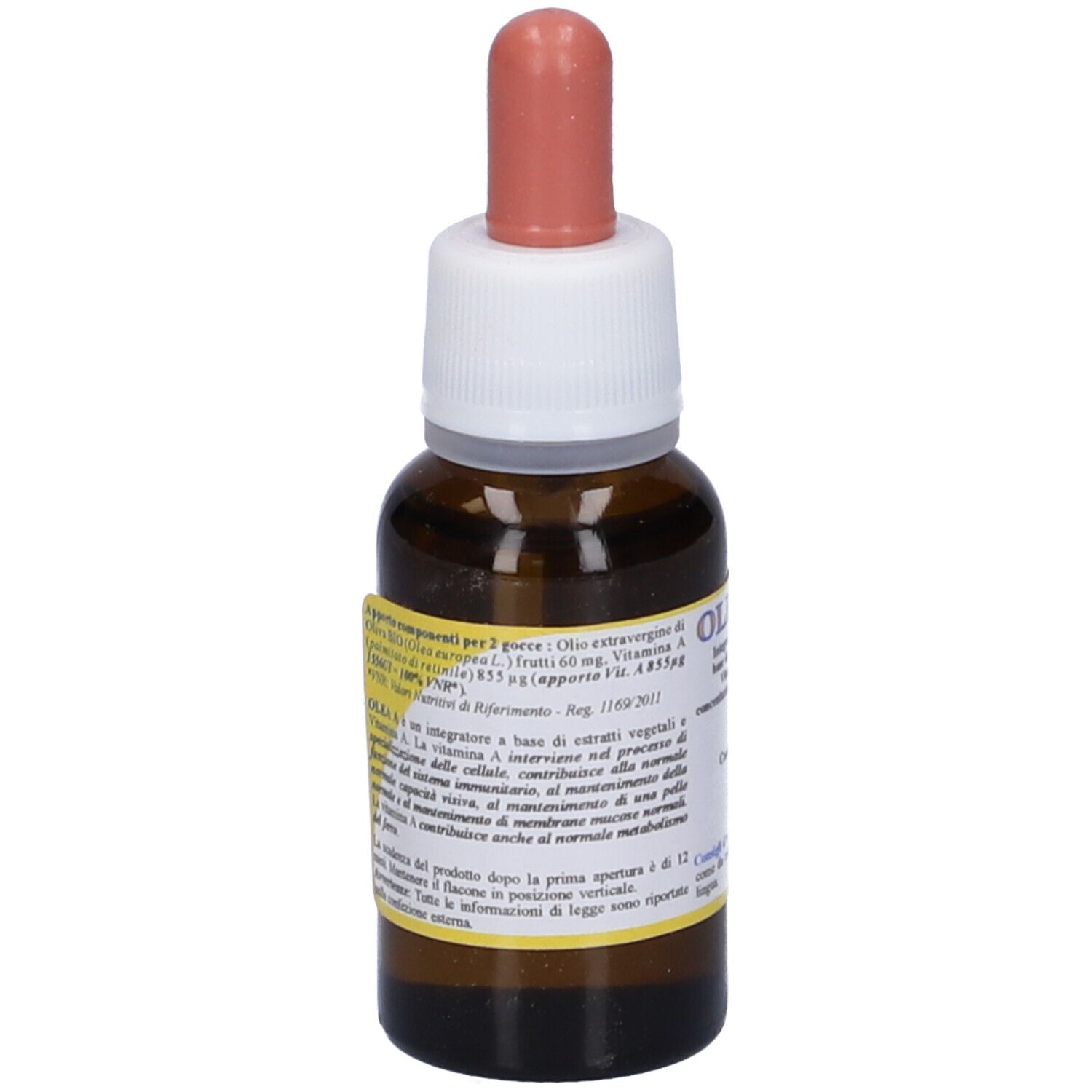 Flacone di vetro marrone con contagocce. Scritta OLEA "A". Contiene 20 ml.