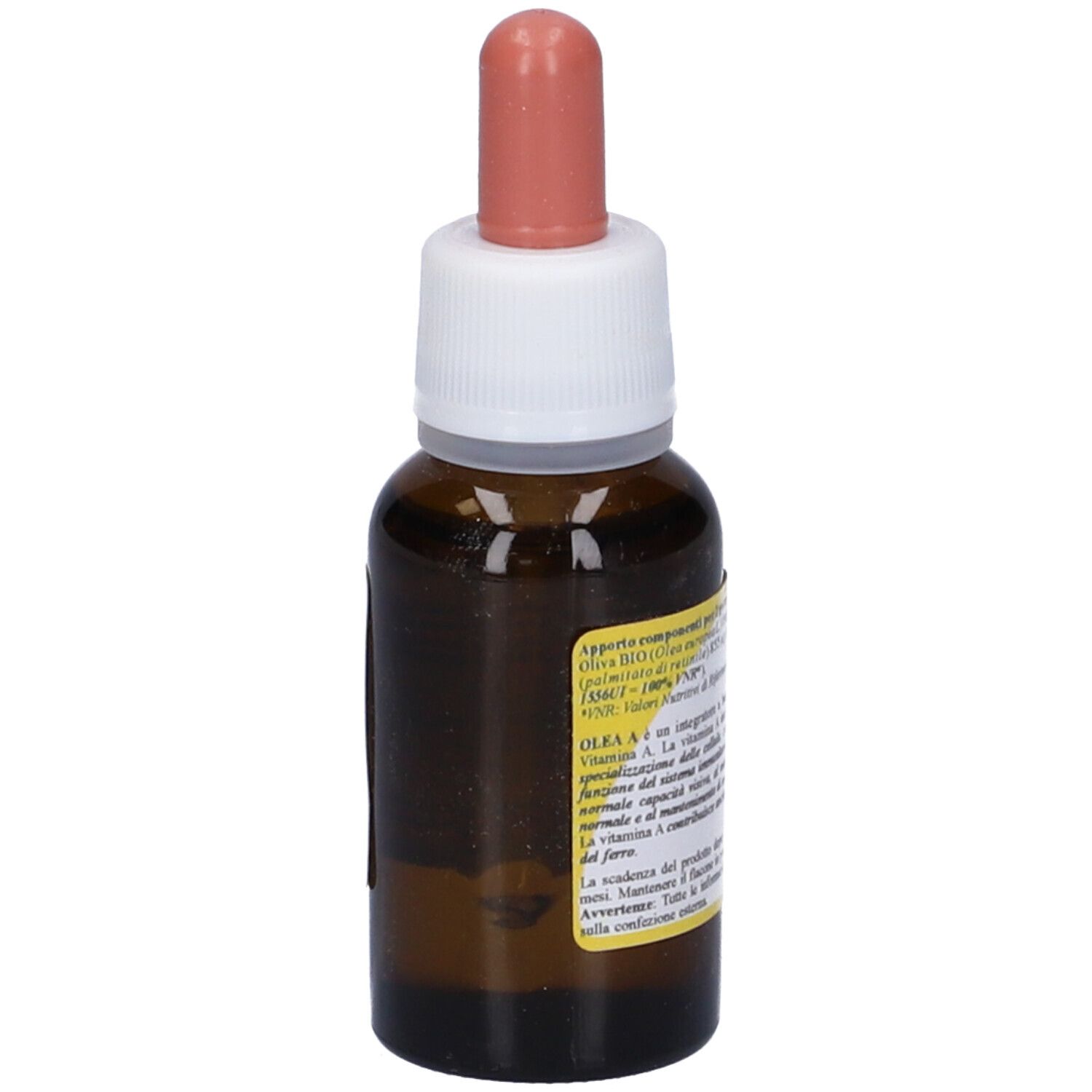 Flacone di vetro marrone con contagocce. Scritta OLEA "A". Contiene 20 ml.