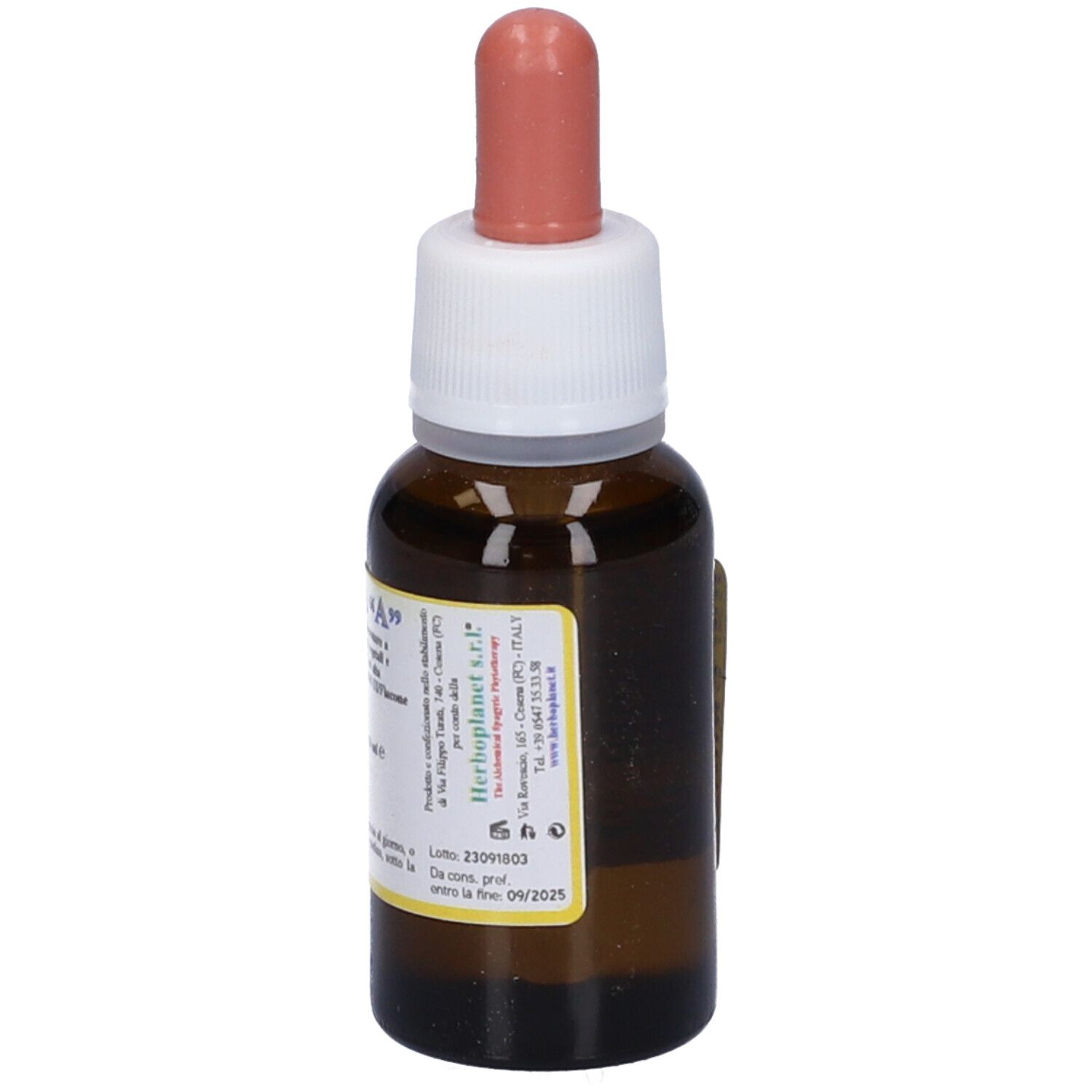 Flacone di vetro marrone con contagocce. Scritta OLEA "A". Contiene 20 ml.