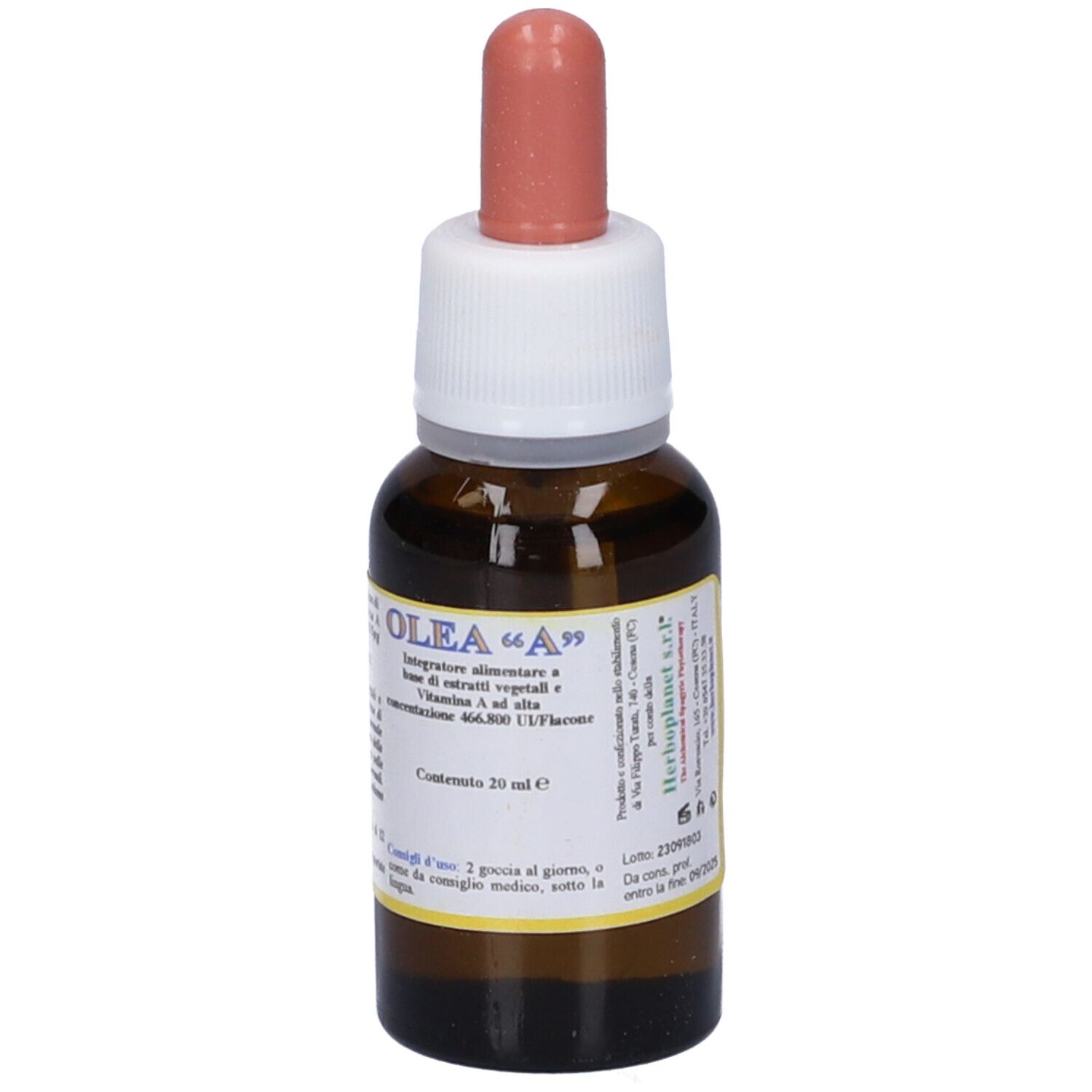 Flacone di vetro marrone con contagocce. Scritta OLEA "A". Contiene 20 ml.