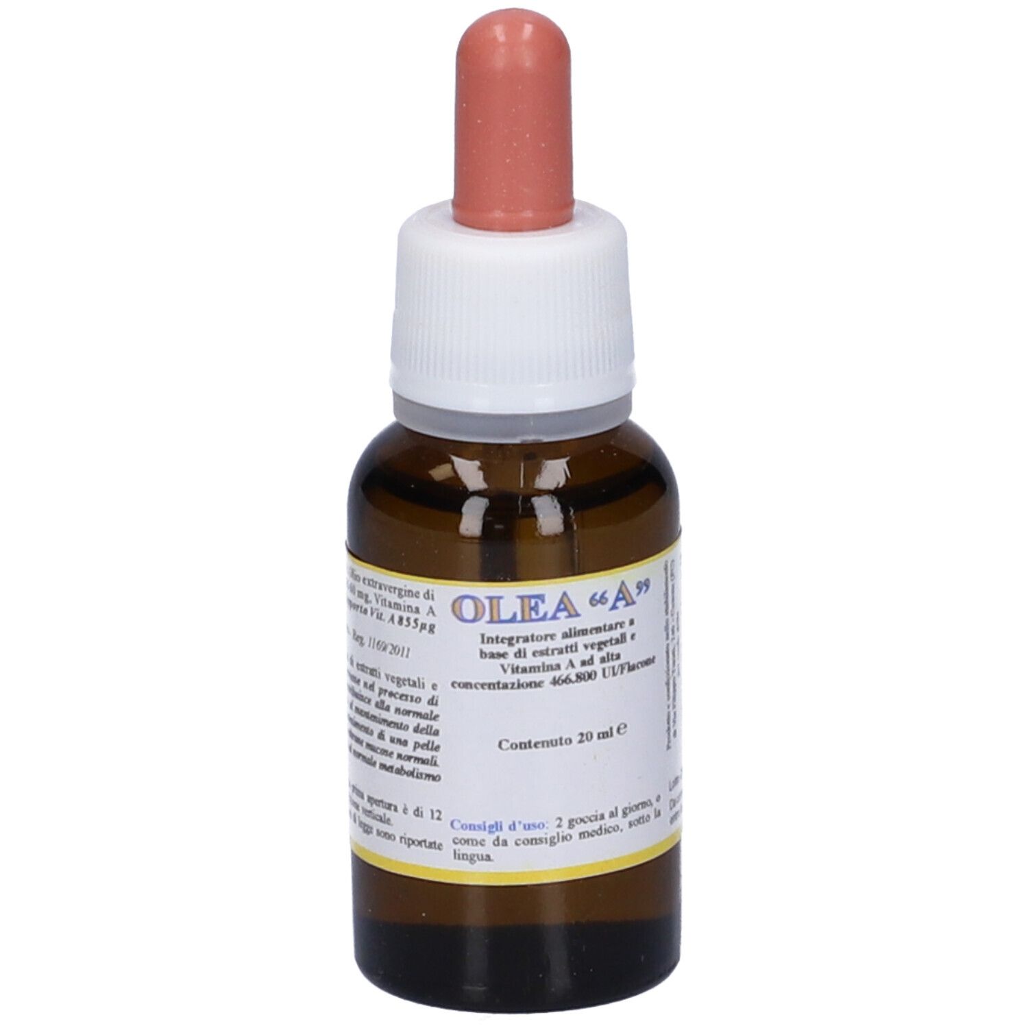 Flacone di vetro marrone con contagocce. Scritta OLEA "A". Contiene 20 ml.