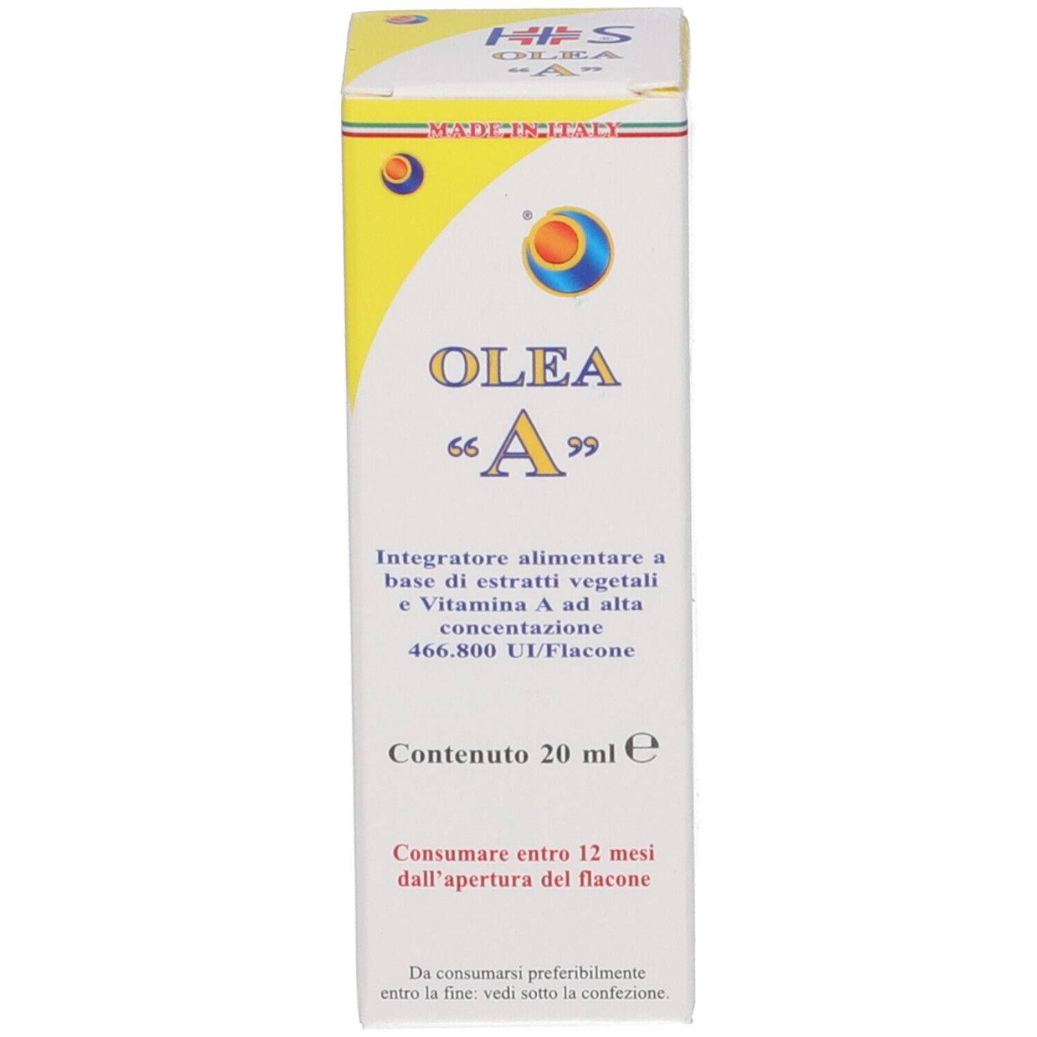 Confezione del prodotto giallo e bianca. Scritta OLEA "A". Contiene 20 ml.