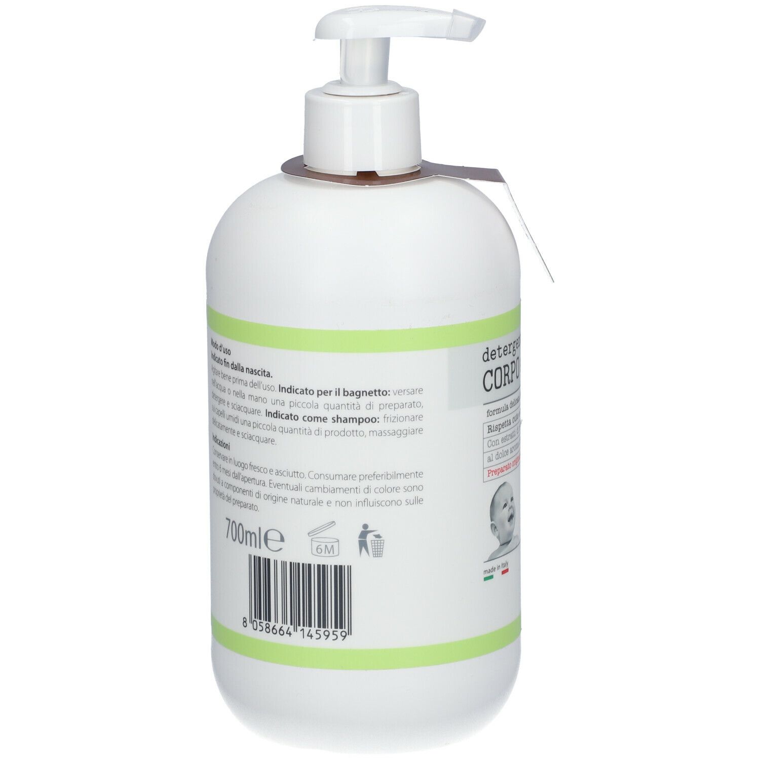 Dispenser bianco con etichetta verde. Scritta: 700ml. Codice a barre. Testo: DETERGENTE CORPO E CAPELLI. Con erogatore a pompa.