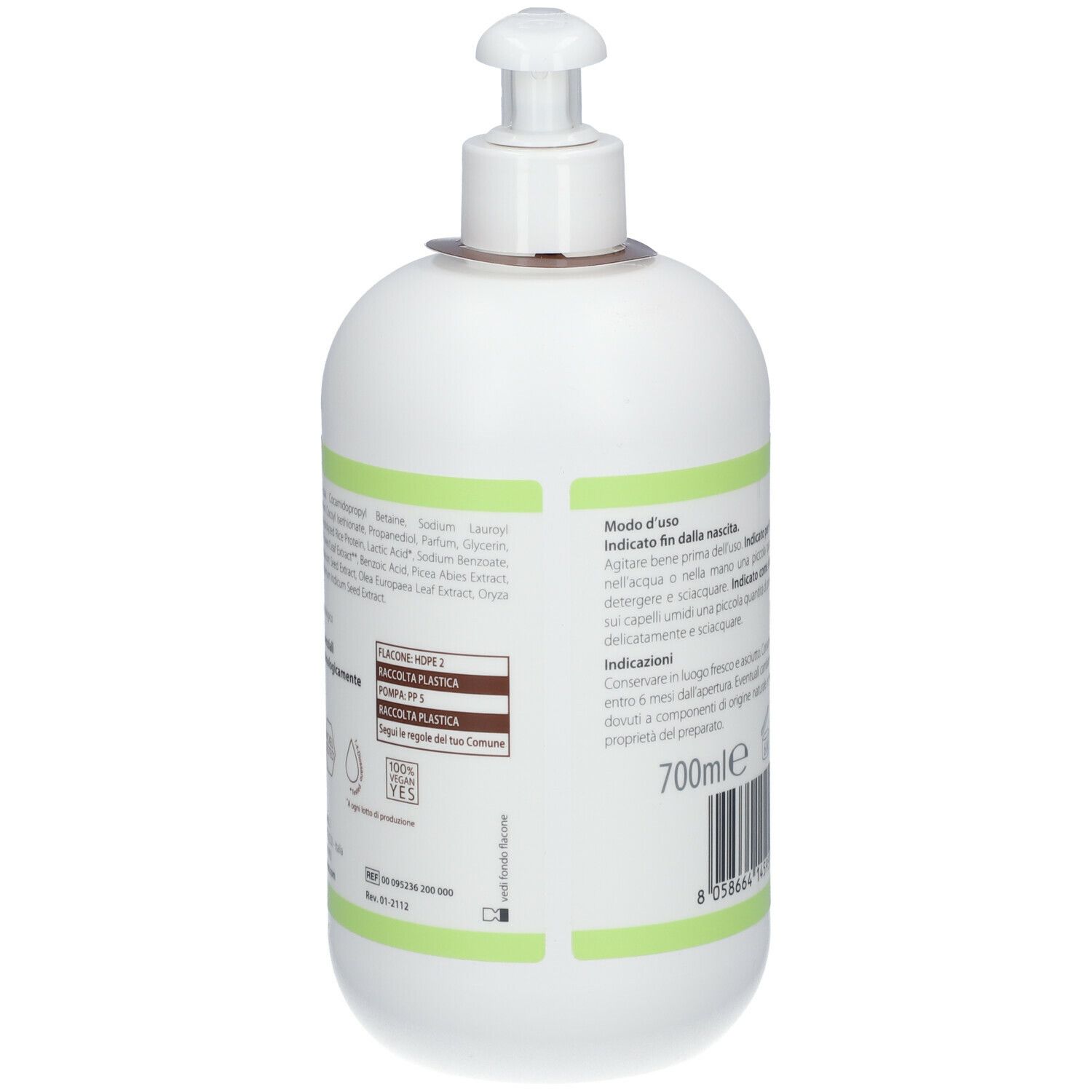 Dispenser bianco con etichetta verde. Testo: Ingredienti, Modo d'uso, 700ml. Con erogatore a pompa.