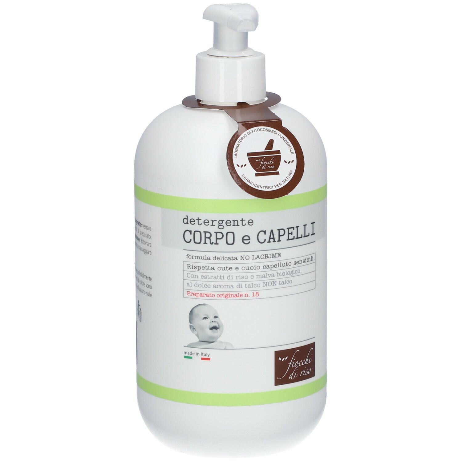 Dispenser bianco con etichetta verde. Scritta: DETERGENTE CORPO E CAPELLI. Logo: Fiocchi di Riso. Con erogatore a pompa.